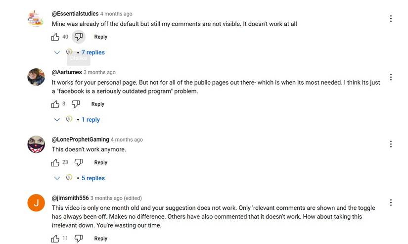 YouTube comment section showing multiple users expressing frustration.