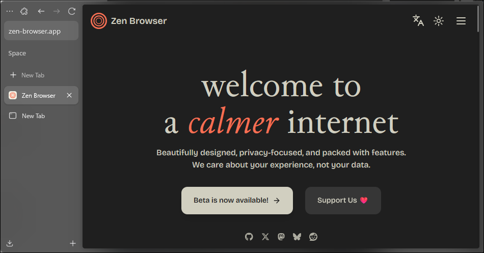 Zen browser web page open in a new tab
