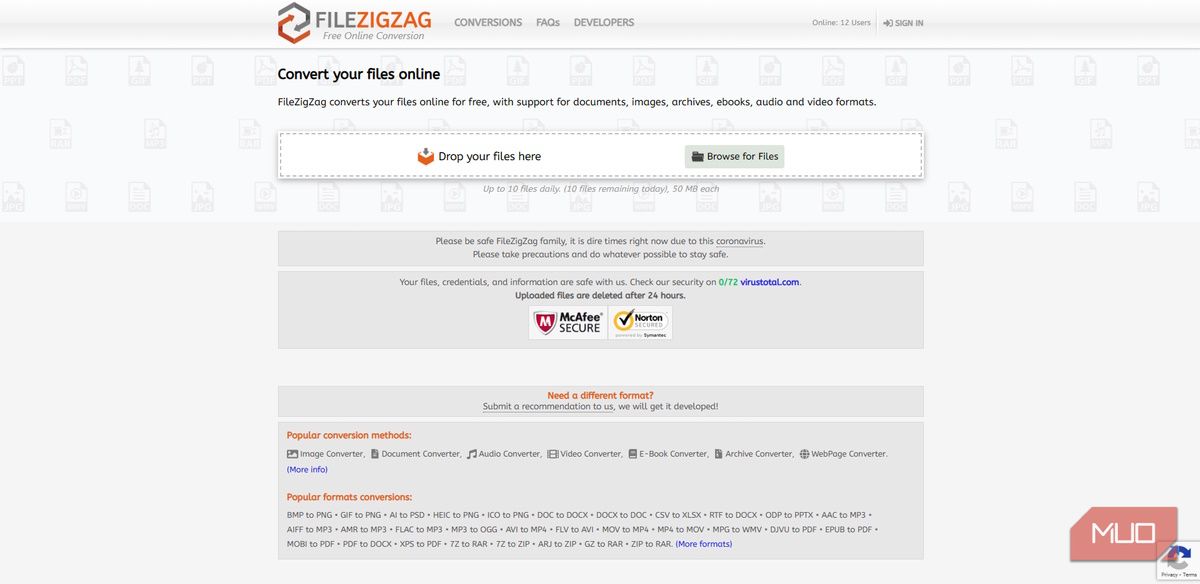 The homepage of FileZigZag