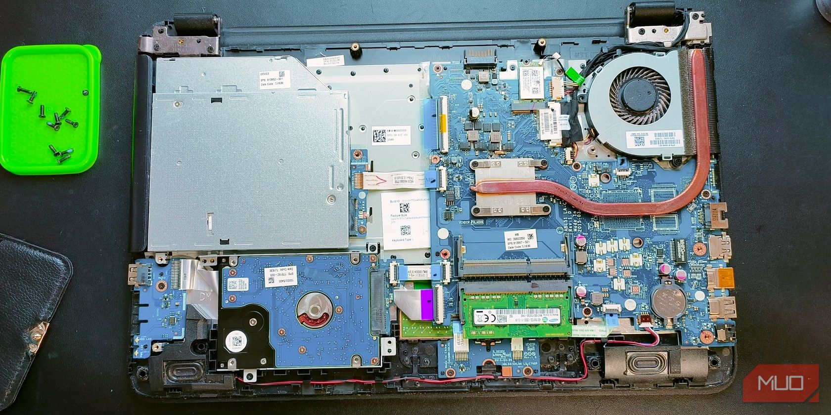 Laptop open from the backside showing different components installed within it