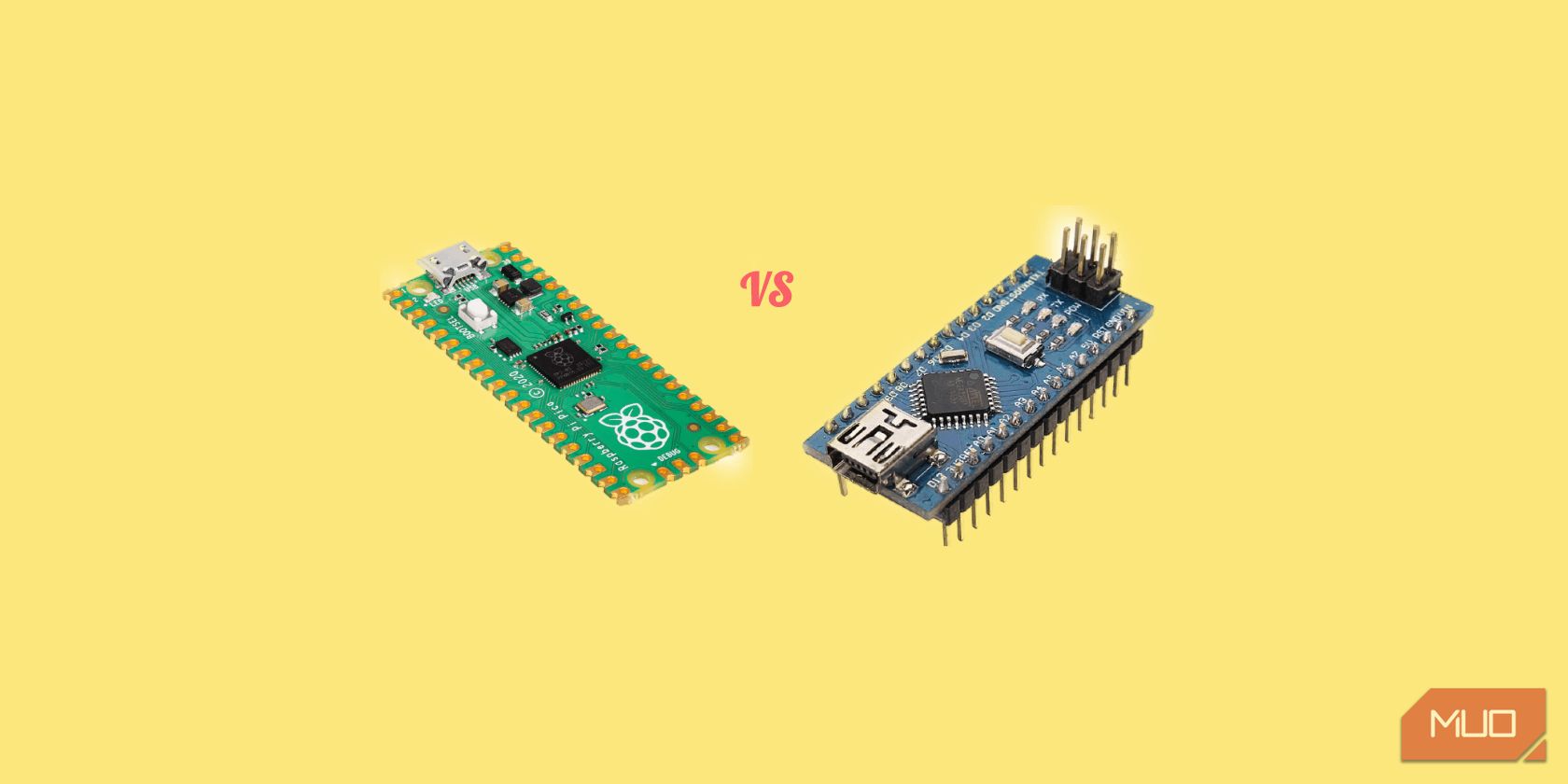 Raspberry Pi Pico and Arduino Nano boards on a yellow background