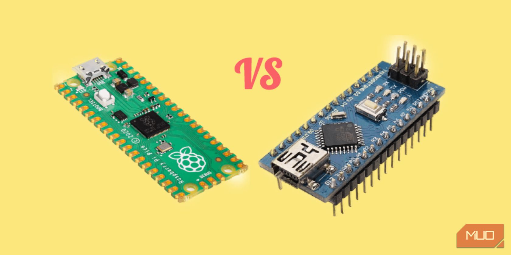 Arduino Nano vs Raspberry Pi Pico boards on a yellow background