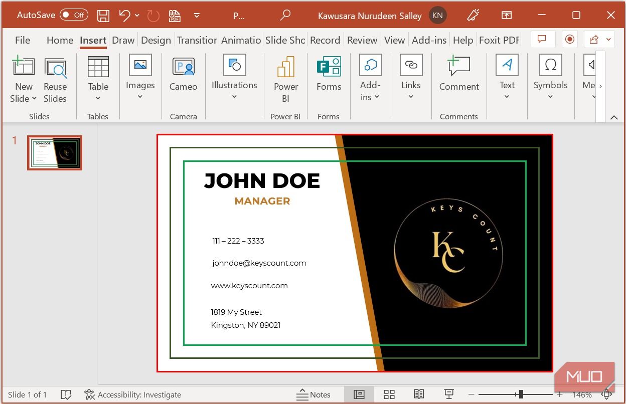 Add personal and business details to business card design in PowerPoint