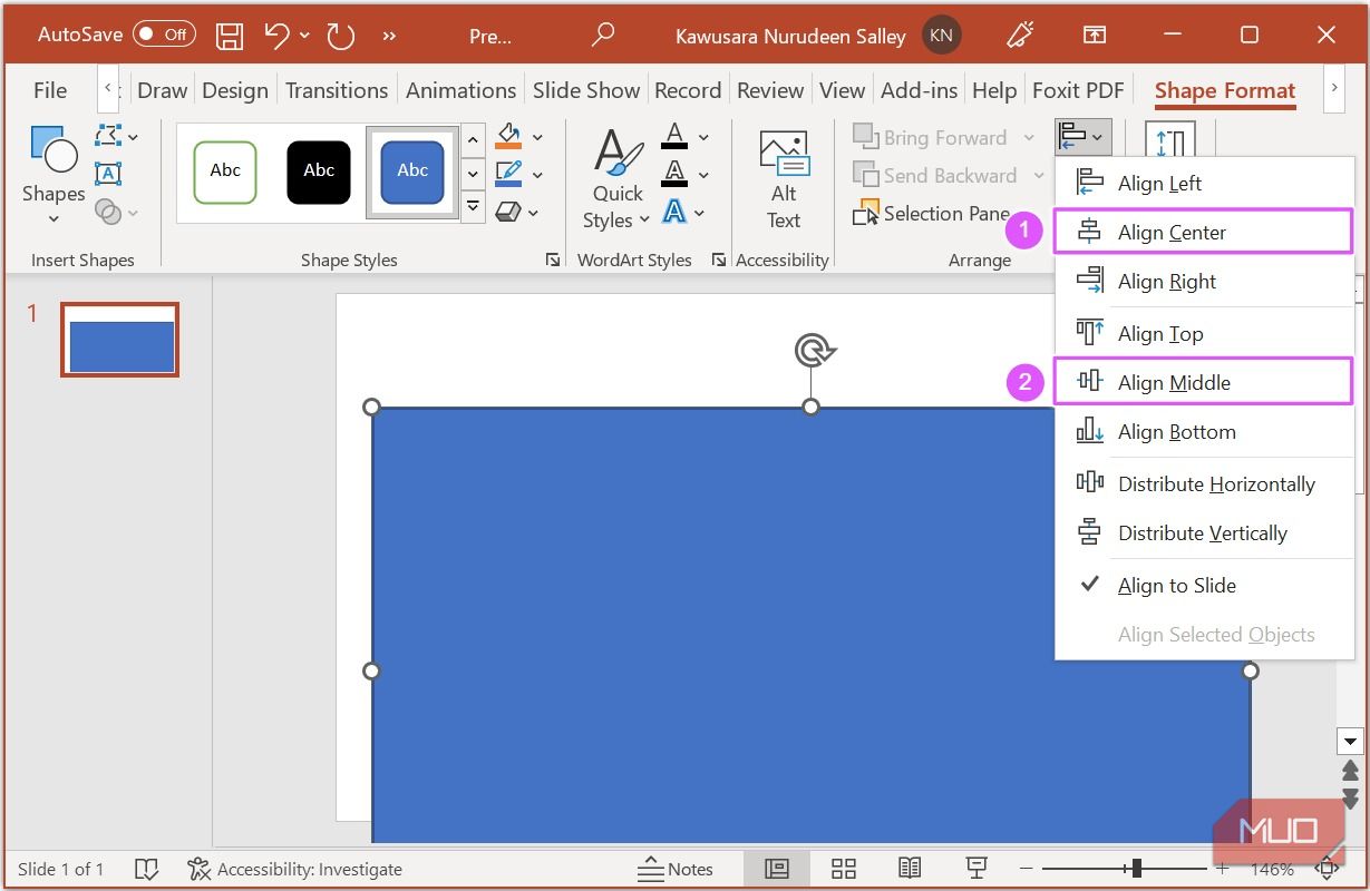 Align rectangle on a page in PowerPoint