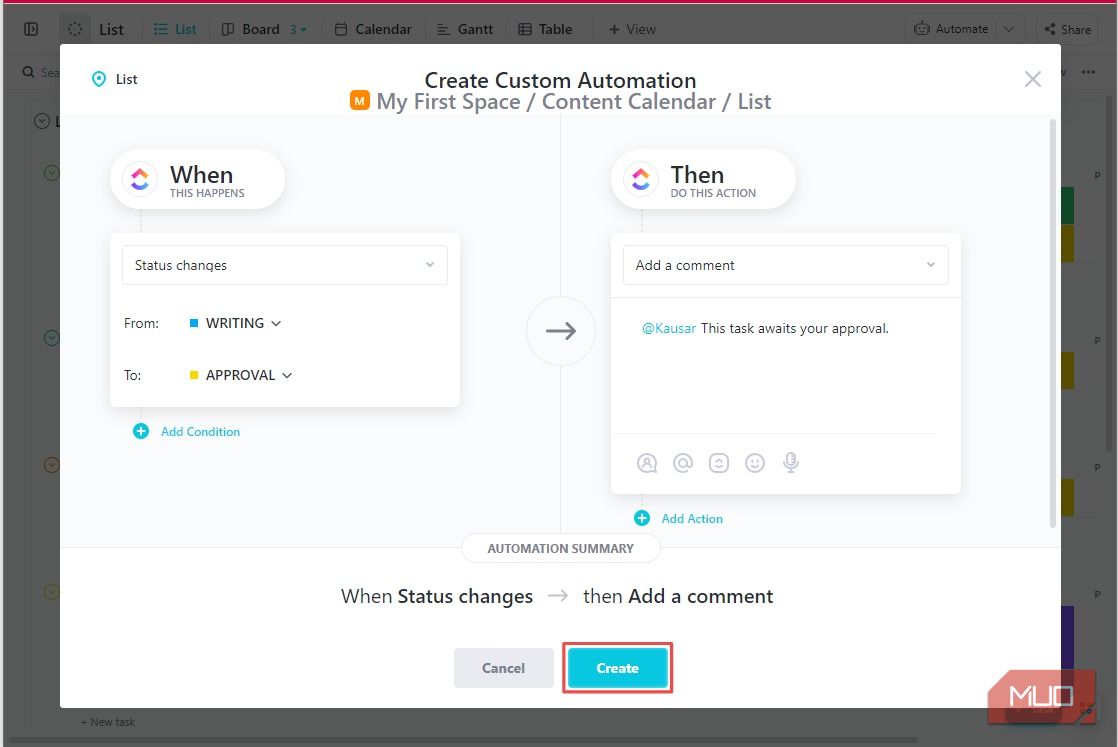 Click Create button to create a custom automation in ClickUp