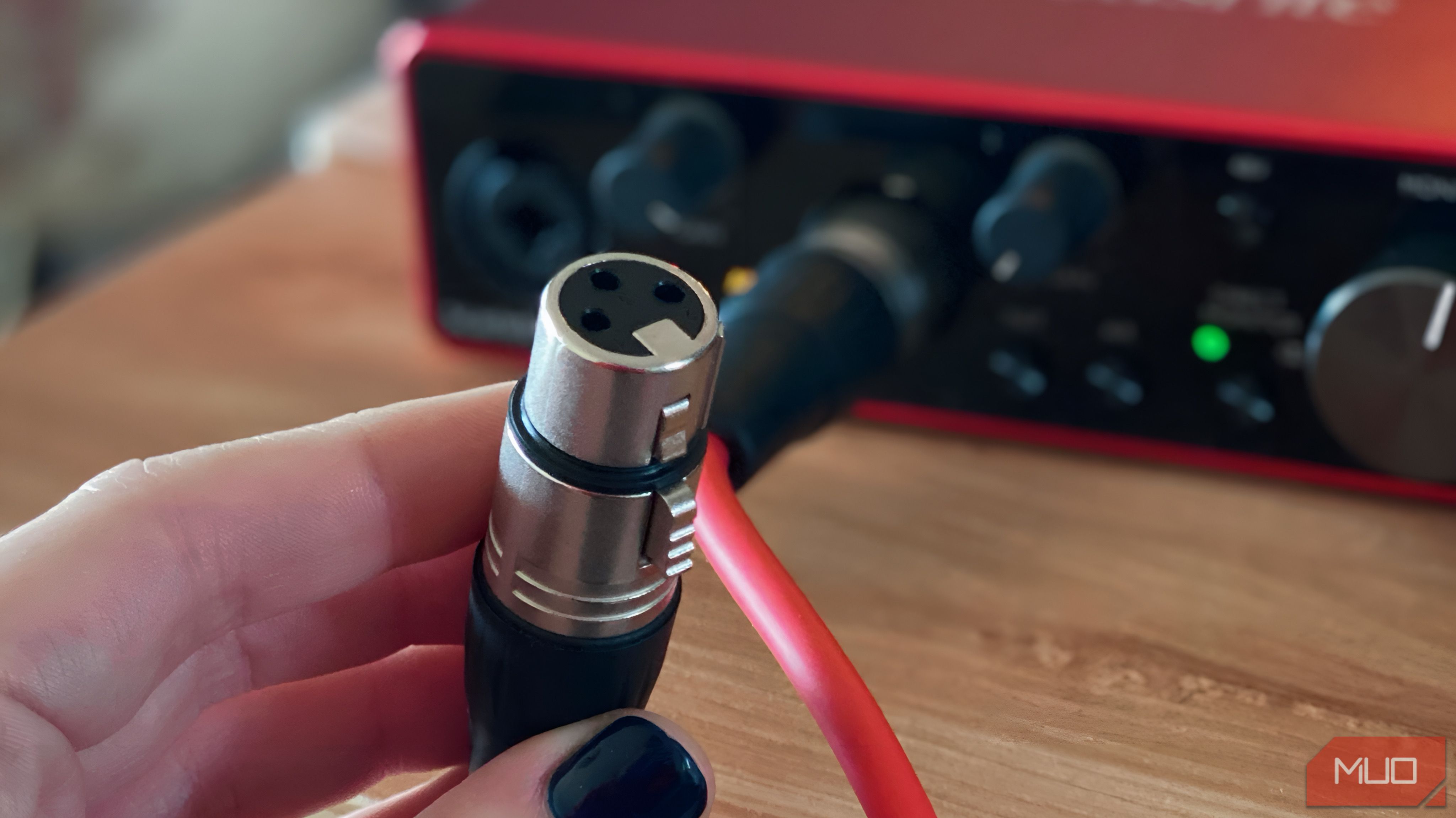 Hand holding the end of an XLR cable that's connected to a Focusrite Scarlett 2i2