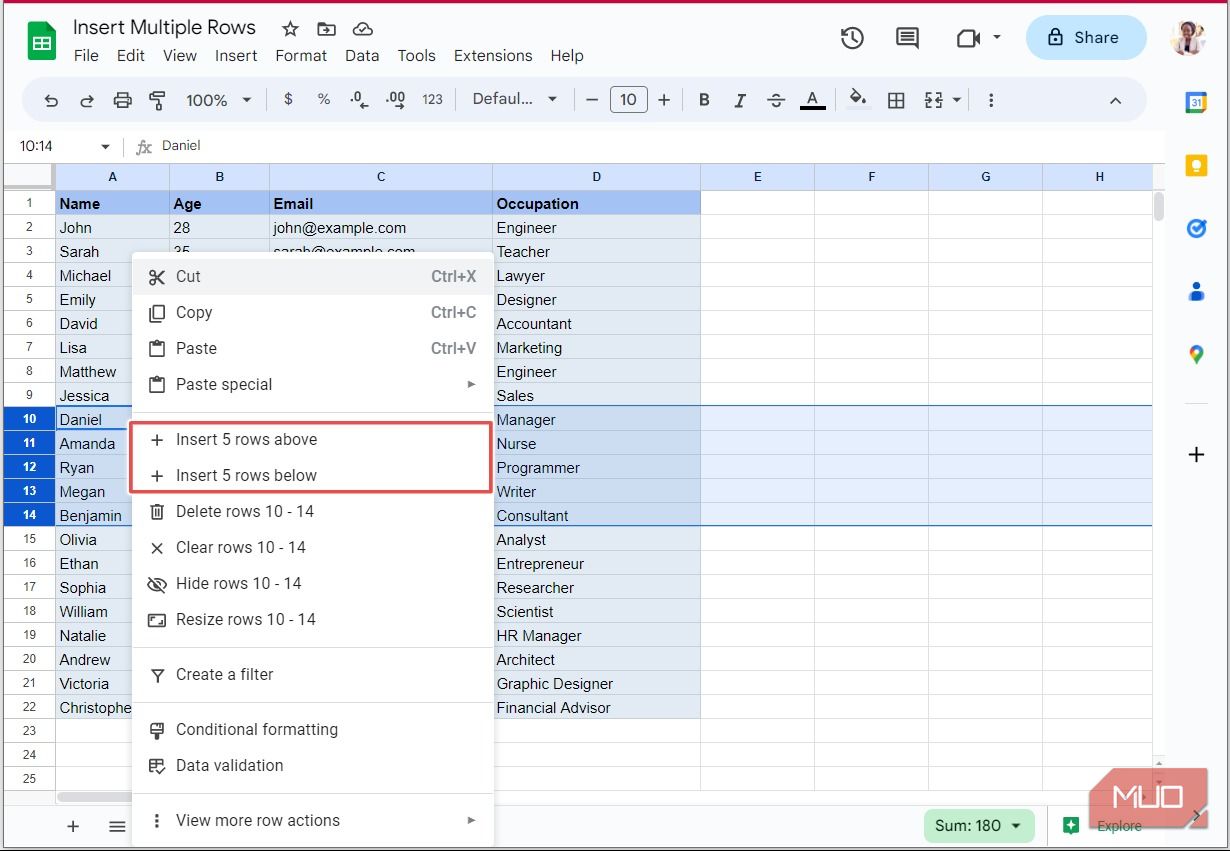 چندین ردیف را در بالا یا پایین با منوی کلیک راست در Google Sheets وارد کنید