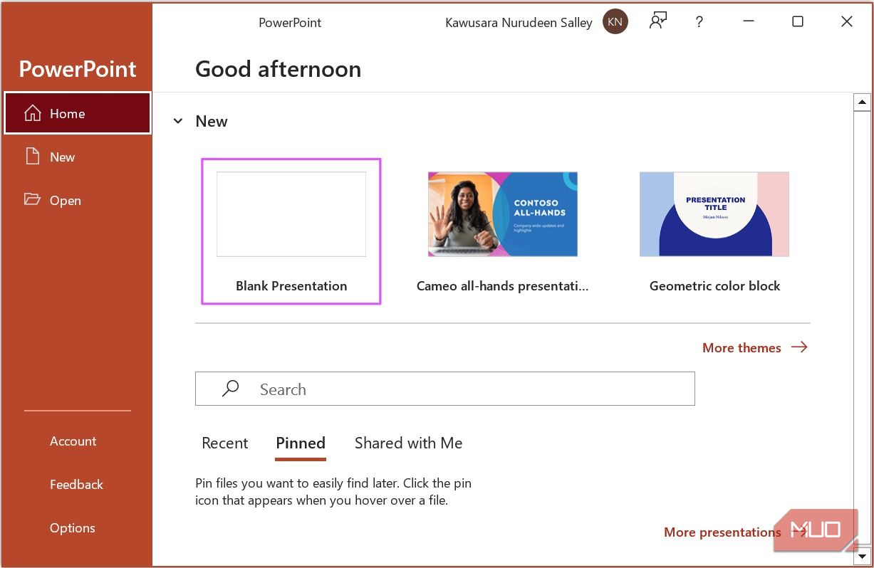 Select Blank Presentation on PowerPoint home page