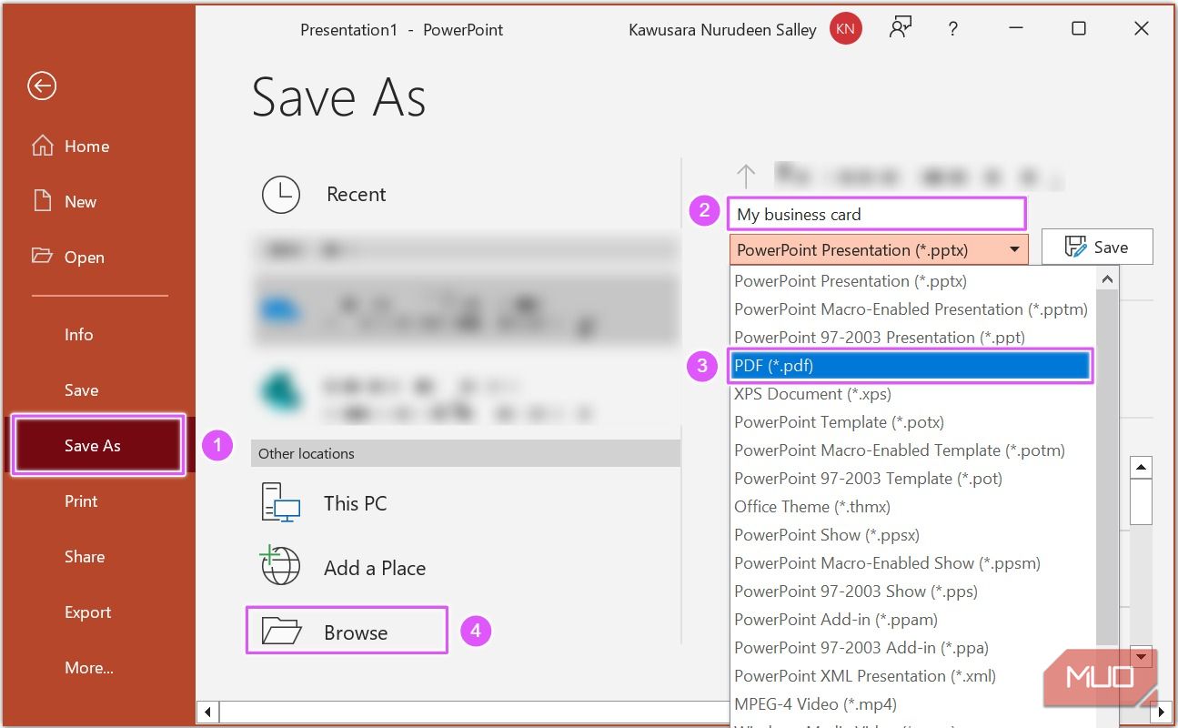 Save file as PDF in PowerPoint