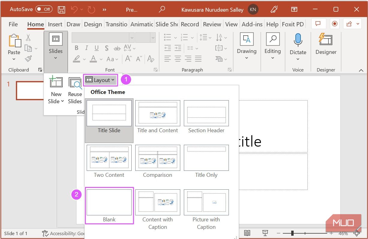 Select blank layout in PowerPoint