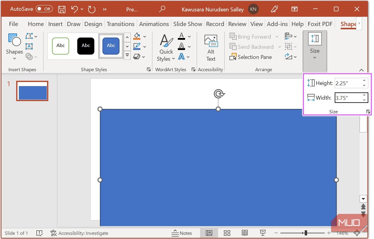 Set rectangle size in PowerPoint