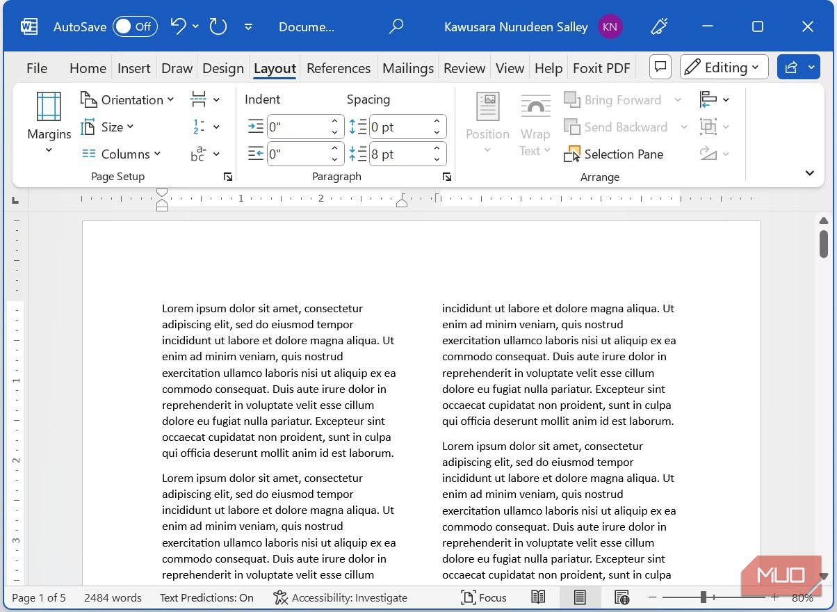 Hai cột cách đều nhau áp dụng cho tài liệu Microsoft Word