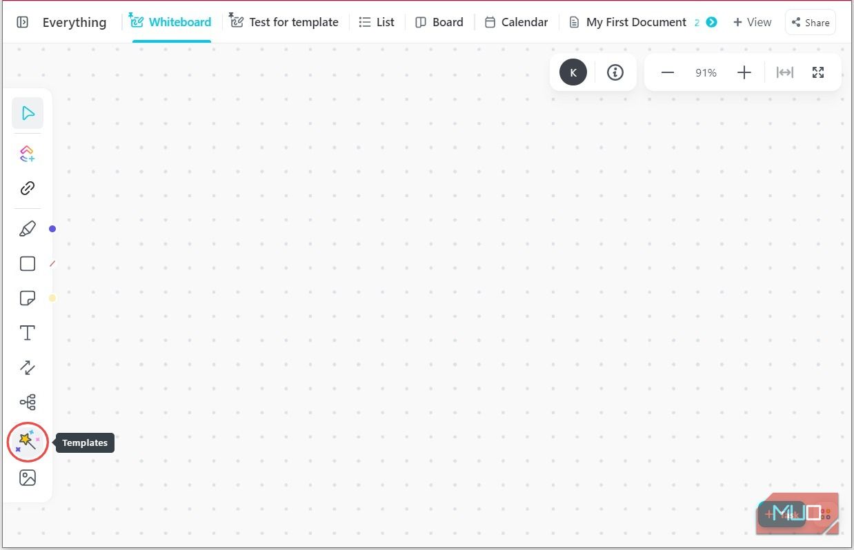 دکمه Templates در ClickUp Whiteboard