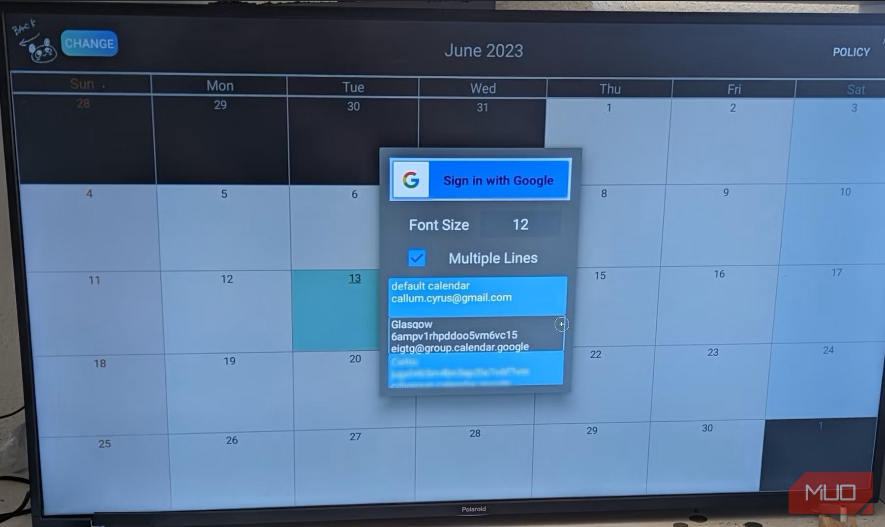 An Android TV showing Panda Calendar's registration interface