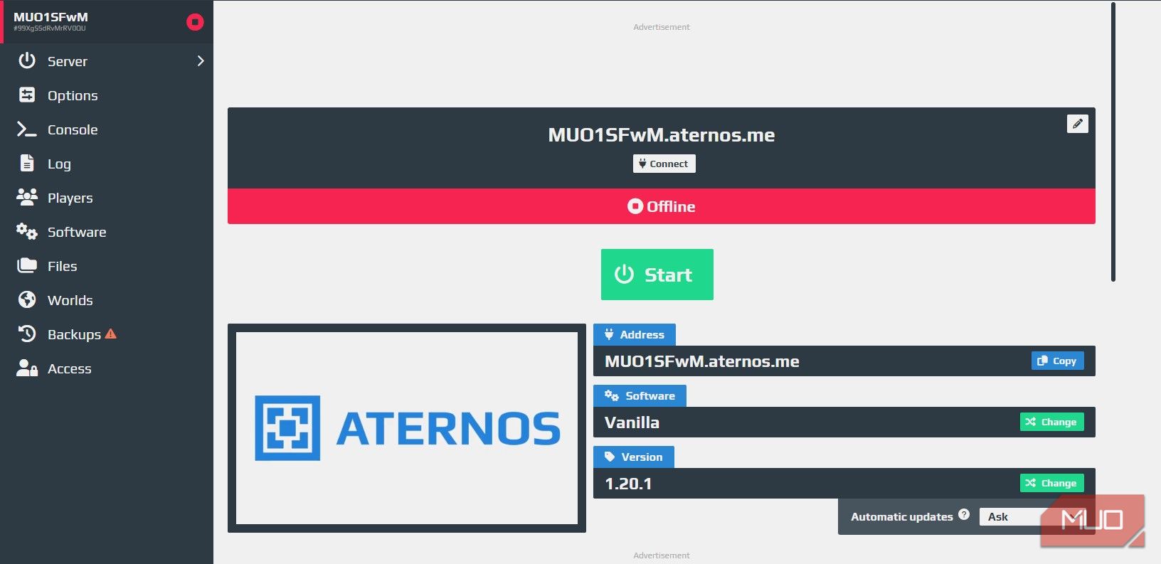 MUO Aternos server start button