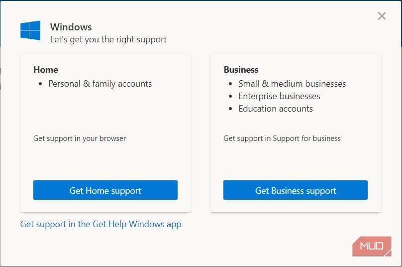 всплывающее окно для получения поддержки на странице поддержки Microsoft