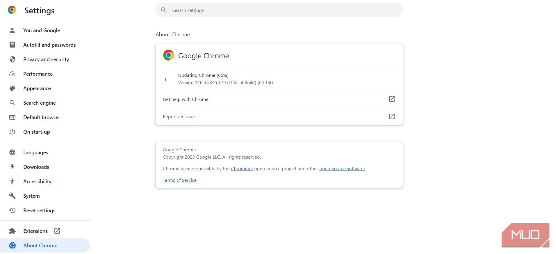 Captura de tela do Google Chrome concluindo o processo de atualização