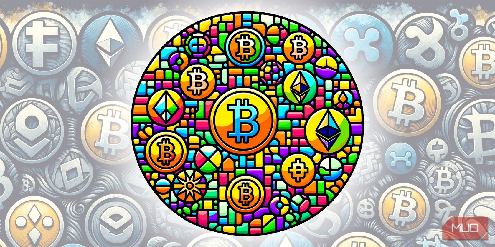 mosaic of crypto logos with crypto logo background