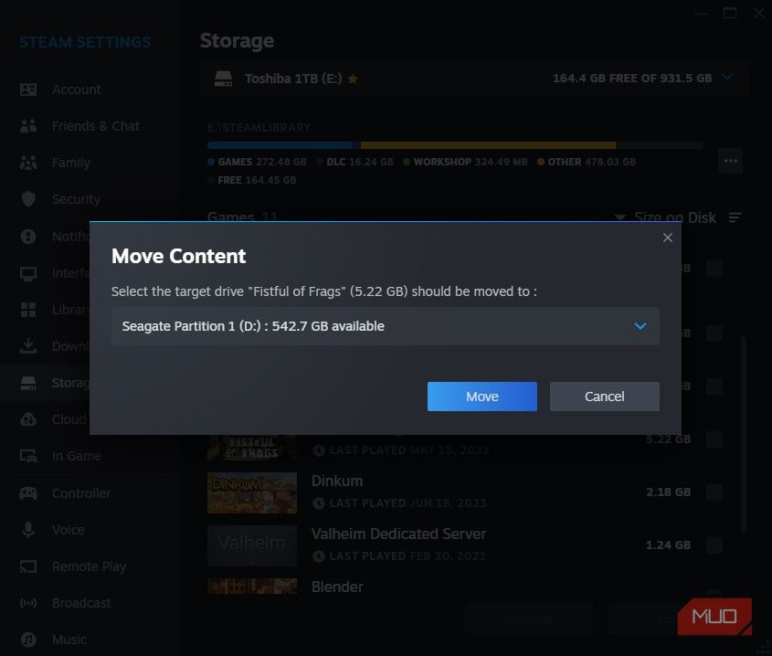 Move Steam games to selected drive or folder
