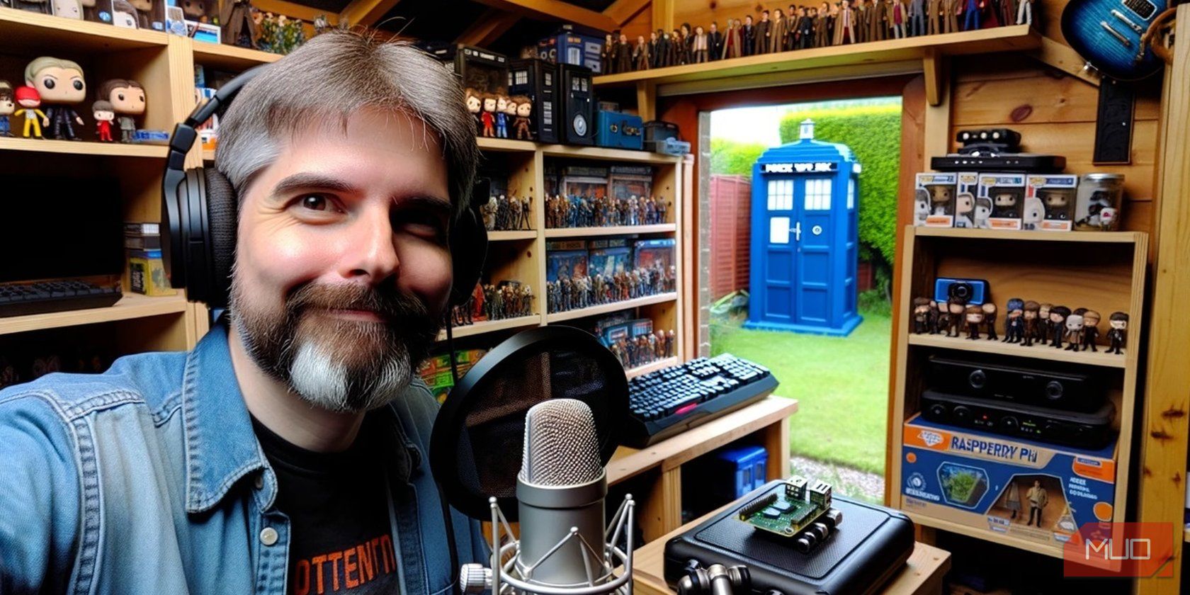 Man podcasting in a shed
