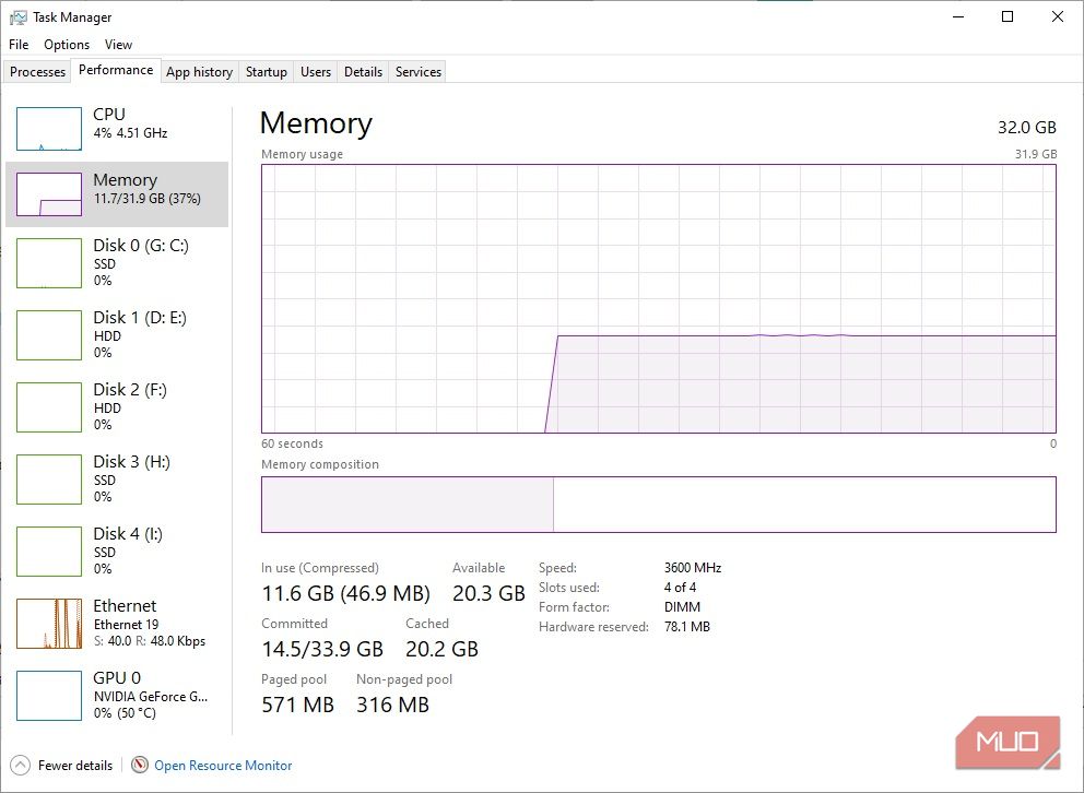 windows 10 task manager showing memory ram