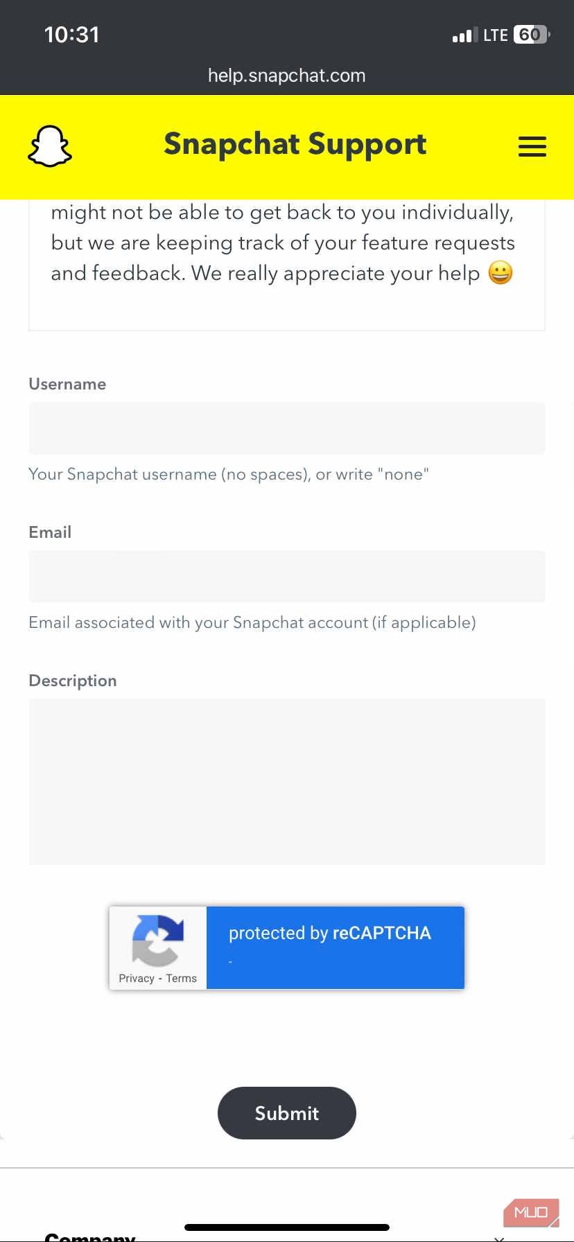 فرم پشتیبانی Snapchat در Google Chrome در iOS