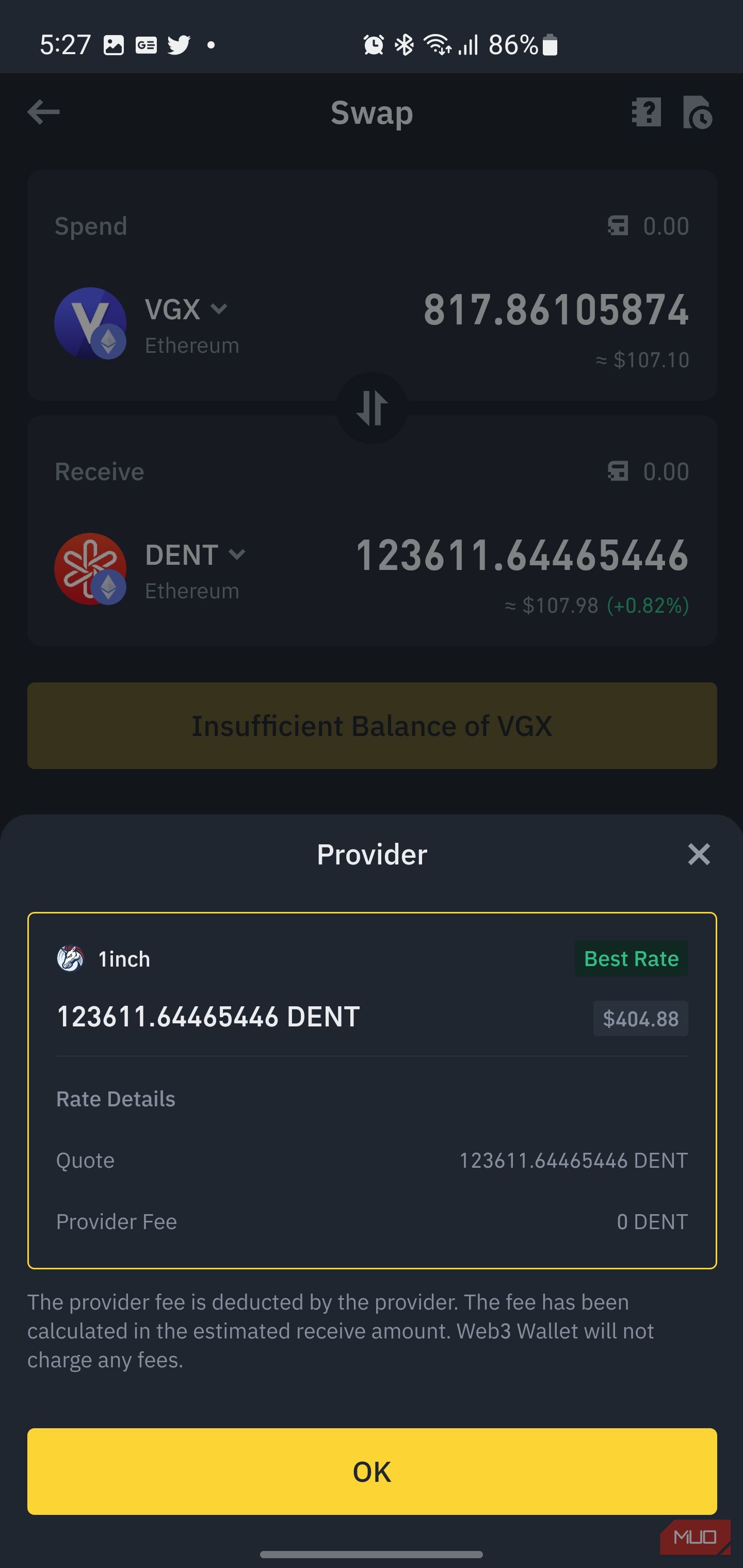 Screenshot Showing Provider info in Binance's Web3 Wallet