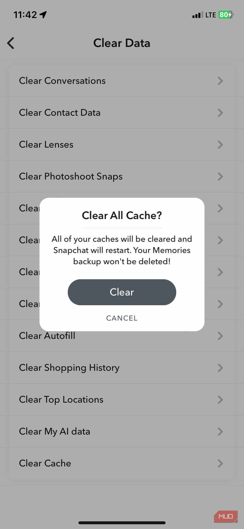 پاپ Clear All Cache در اسنپ چت برای iOS