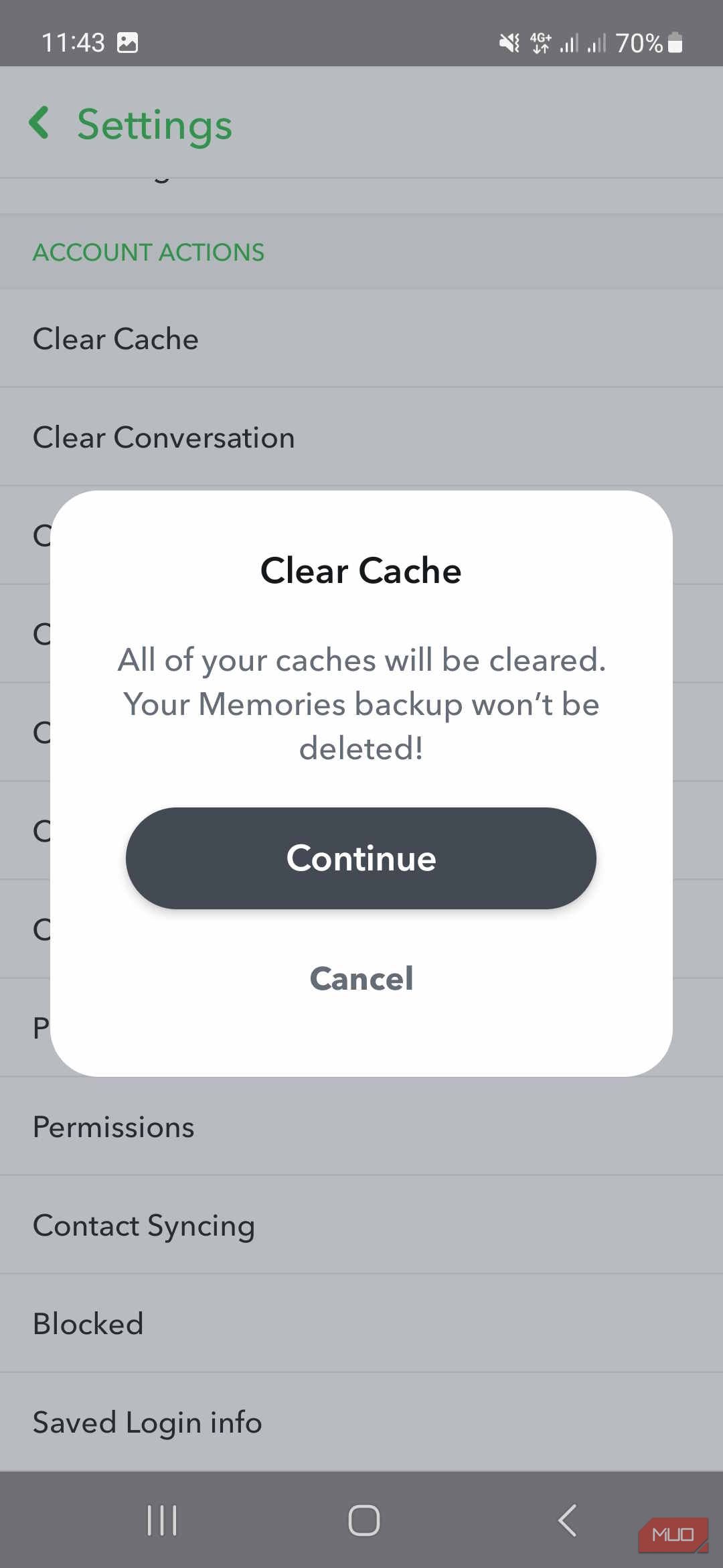 پاپ آپ Clear Cache در برنامه اندروید اسنپ چت