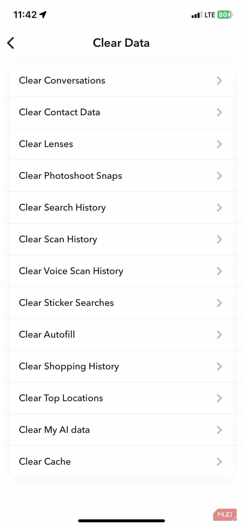 صفحه Clear Data در برنامه Snapchat iOS