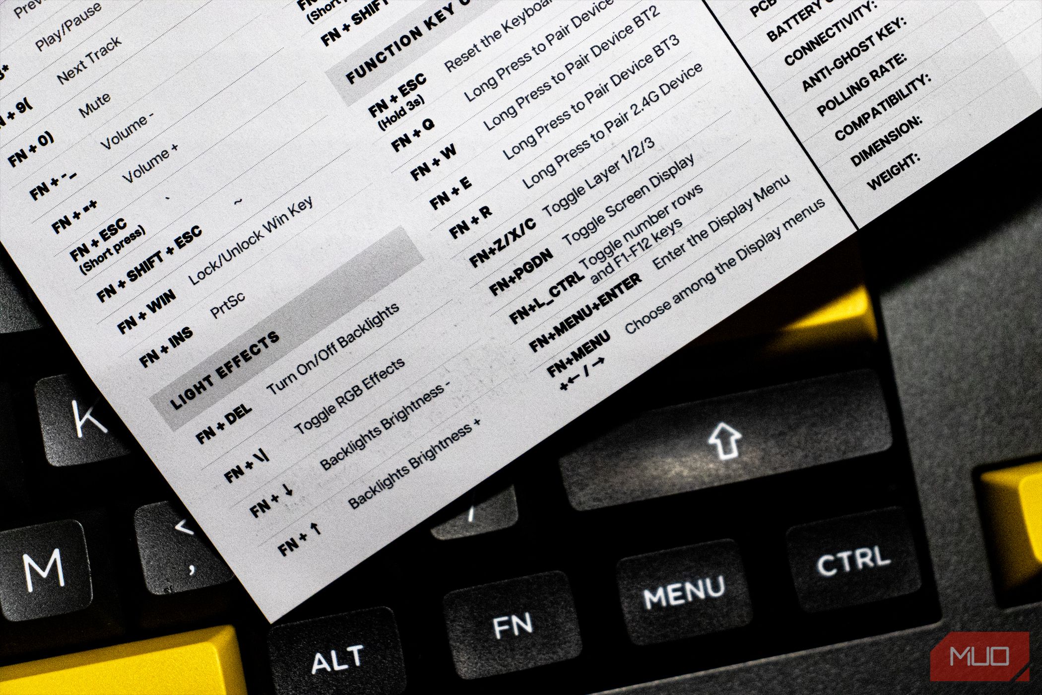 Fn shortcuts in the Epomaker Shadow-X Manual
