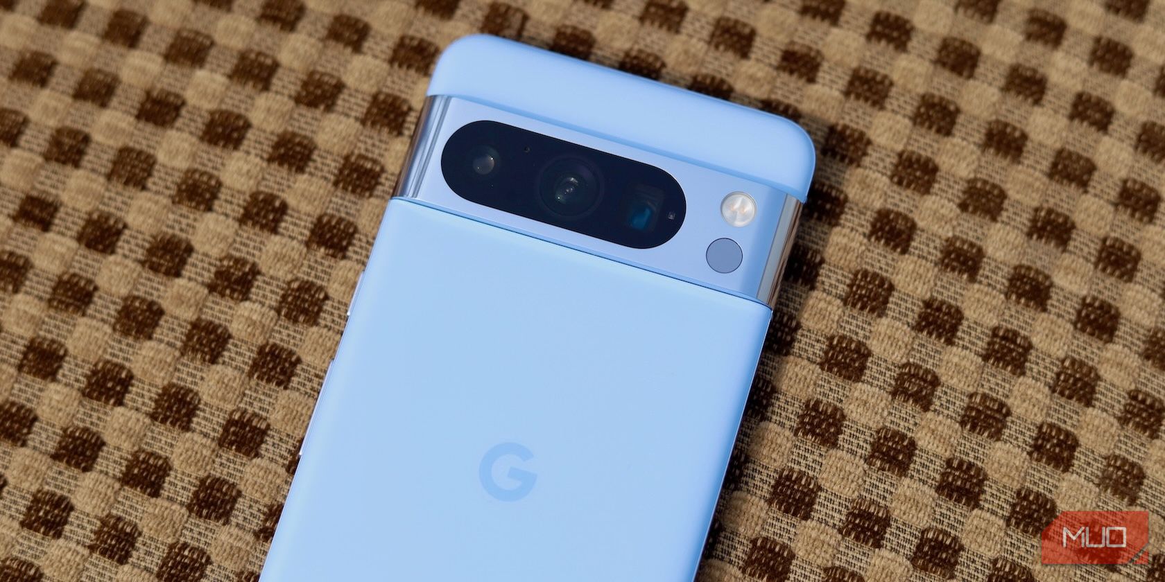 Google Pixel 8 Pro in blue showing the camera visor