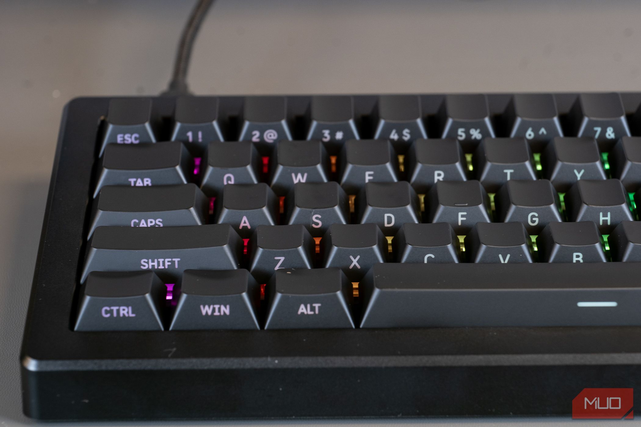 The keyboard backlit showing front facing key markings