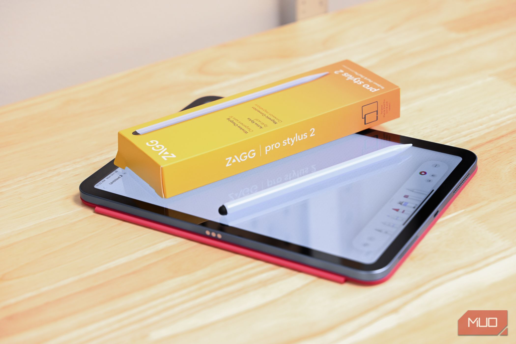 The ZAGG Pro Stylus 2 and its box resting on an iPad