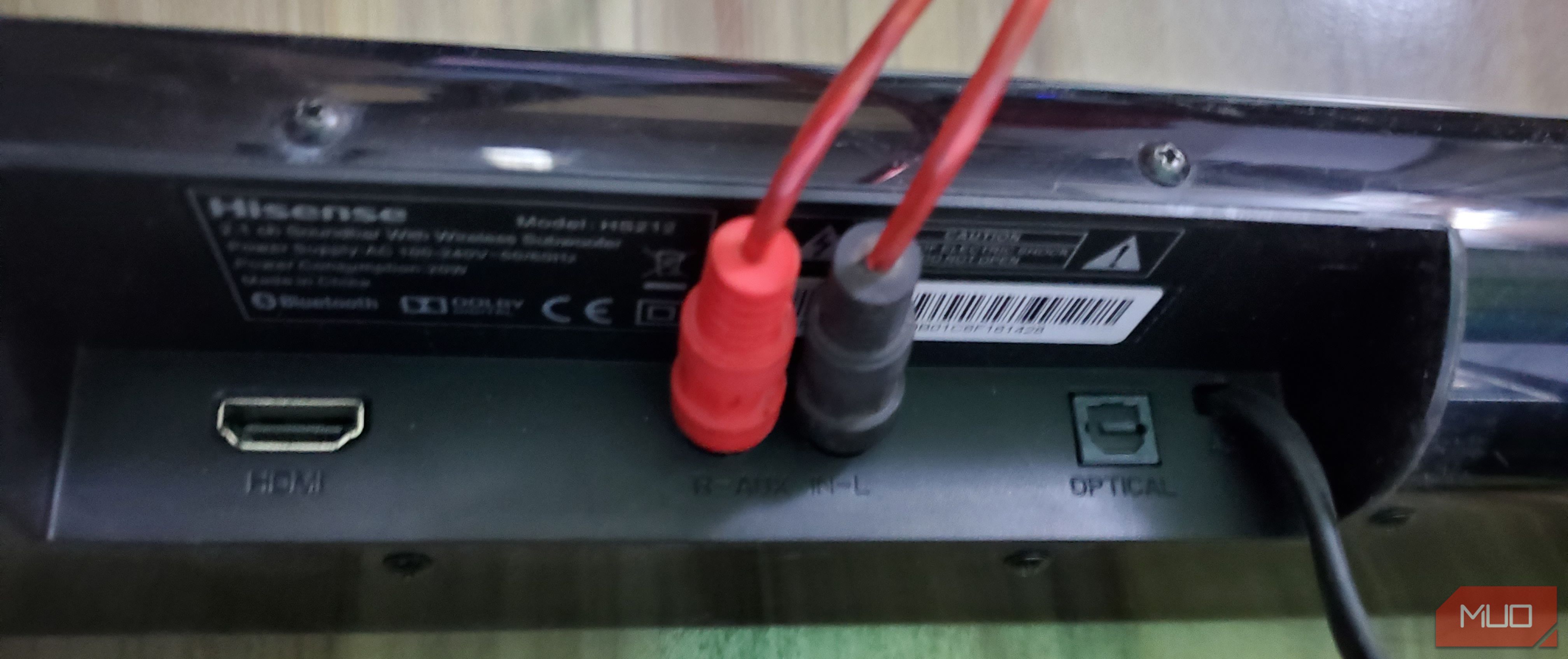 RCA Cables plugged into RCA ports of a Hisense Soundbar