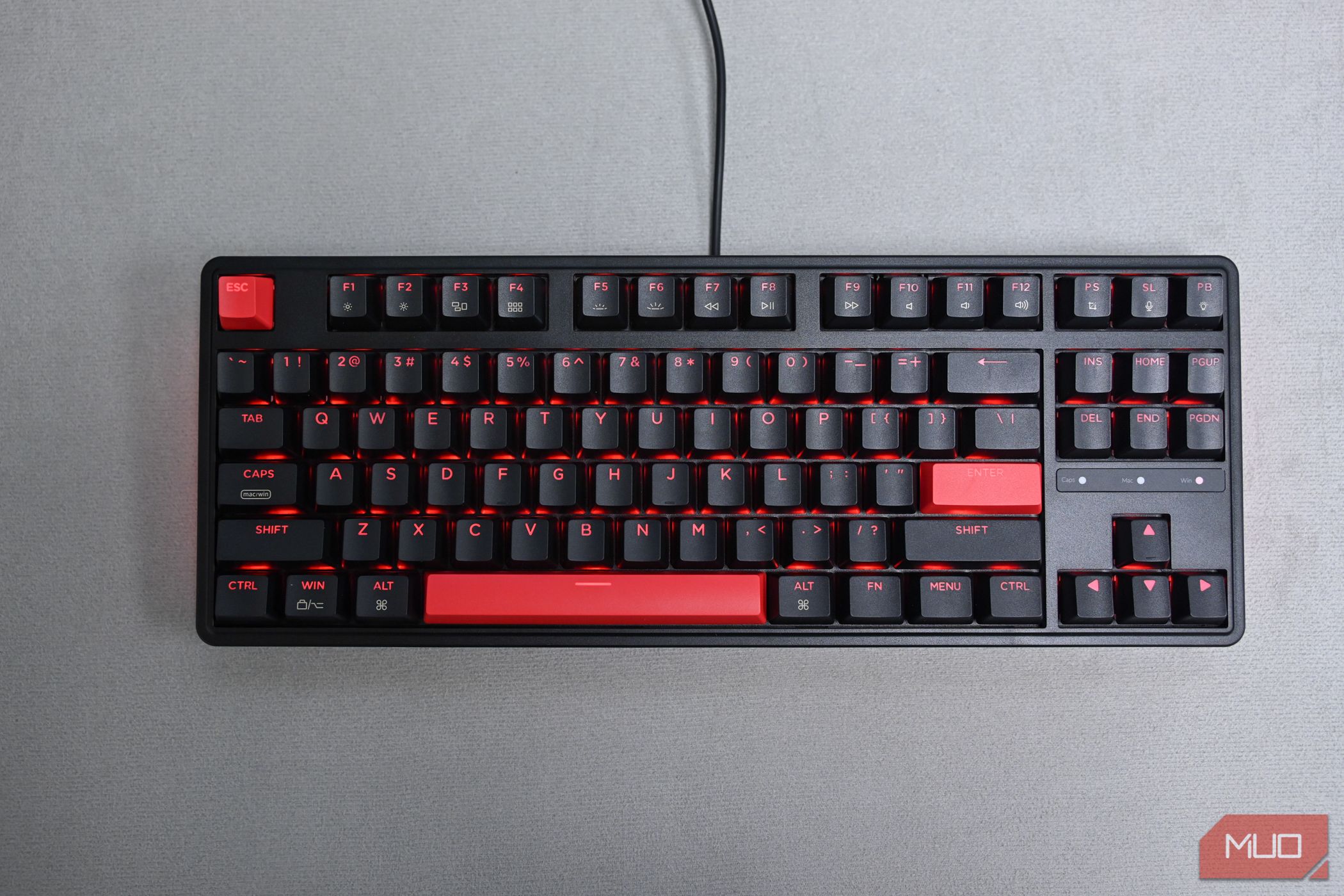 The Keychron C3 Pro plugged in with red backlighting