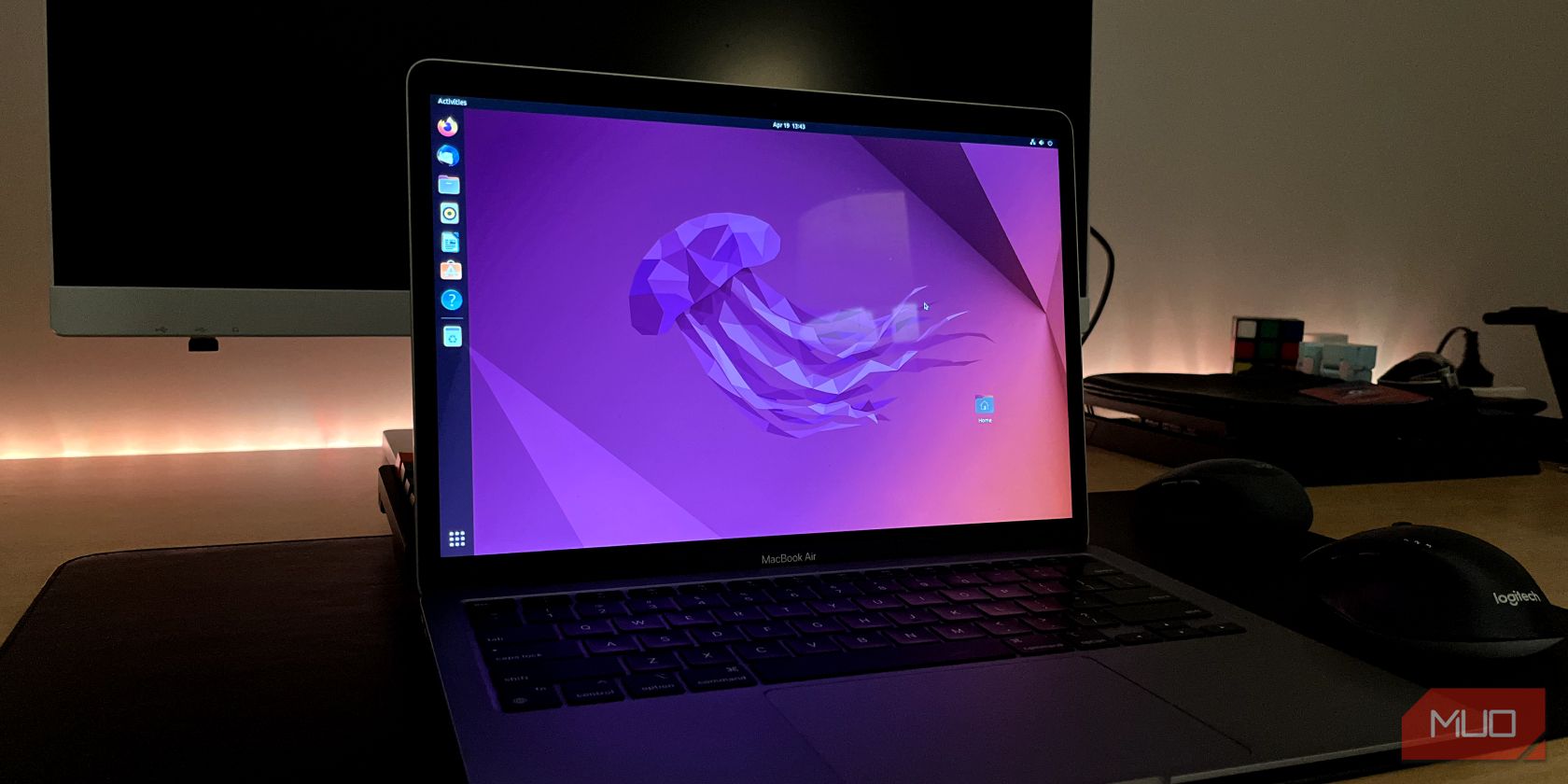 A MacBook on a desk running Ubuntu