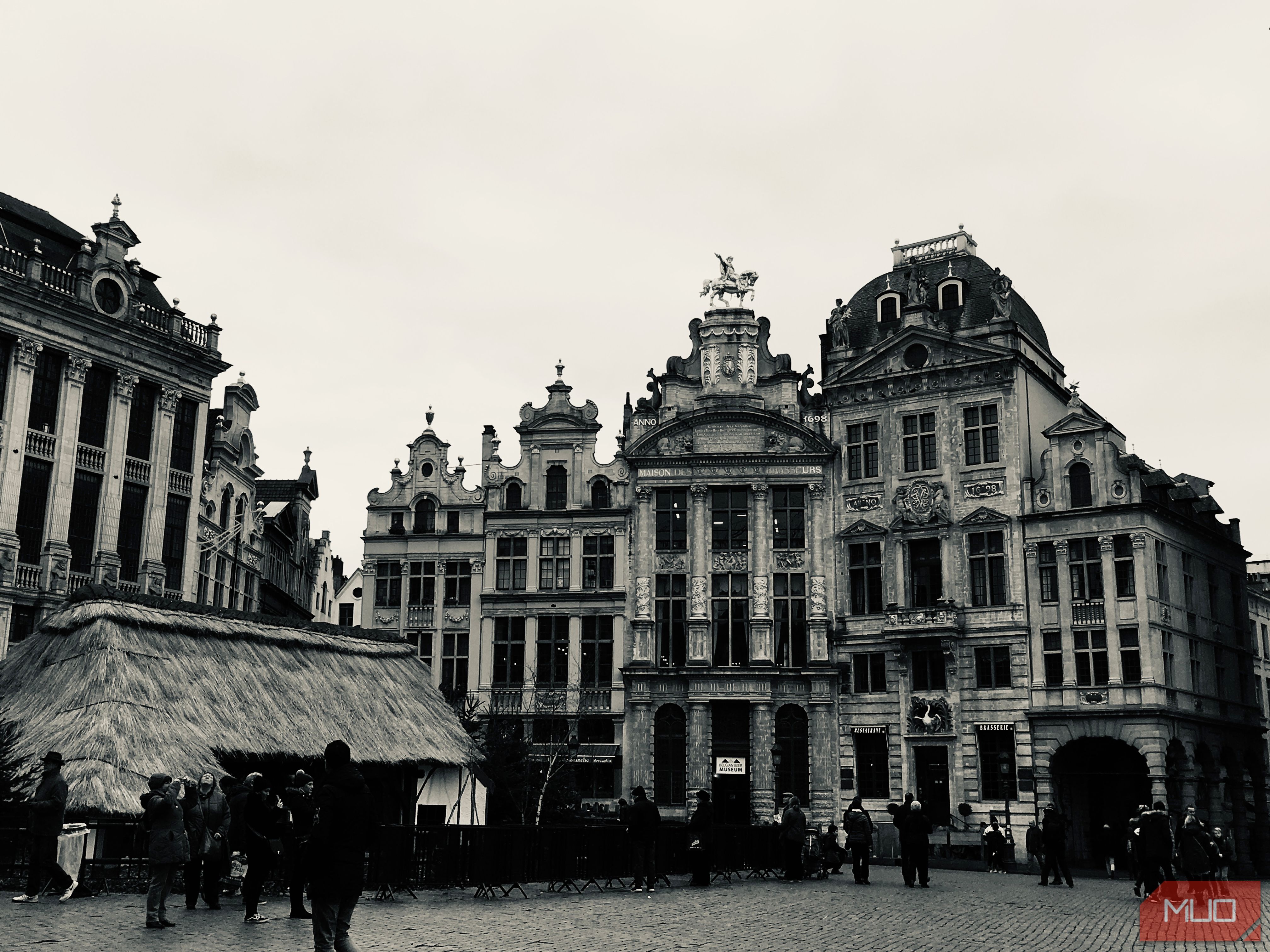 a photo of a city square edited in black and white