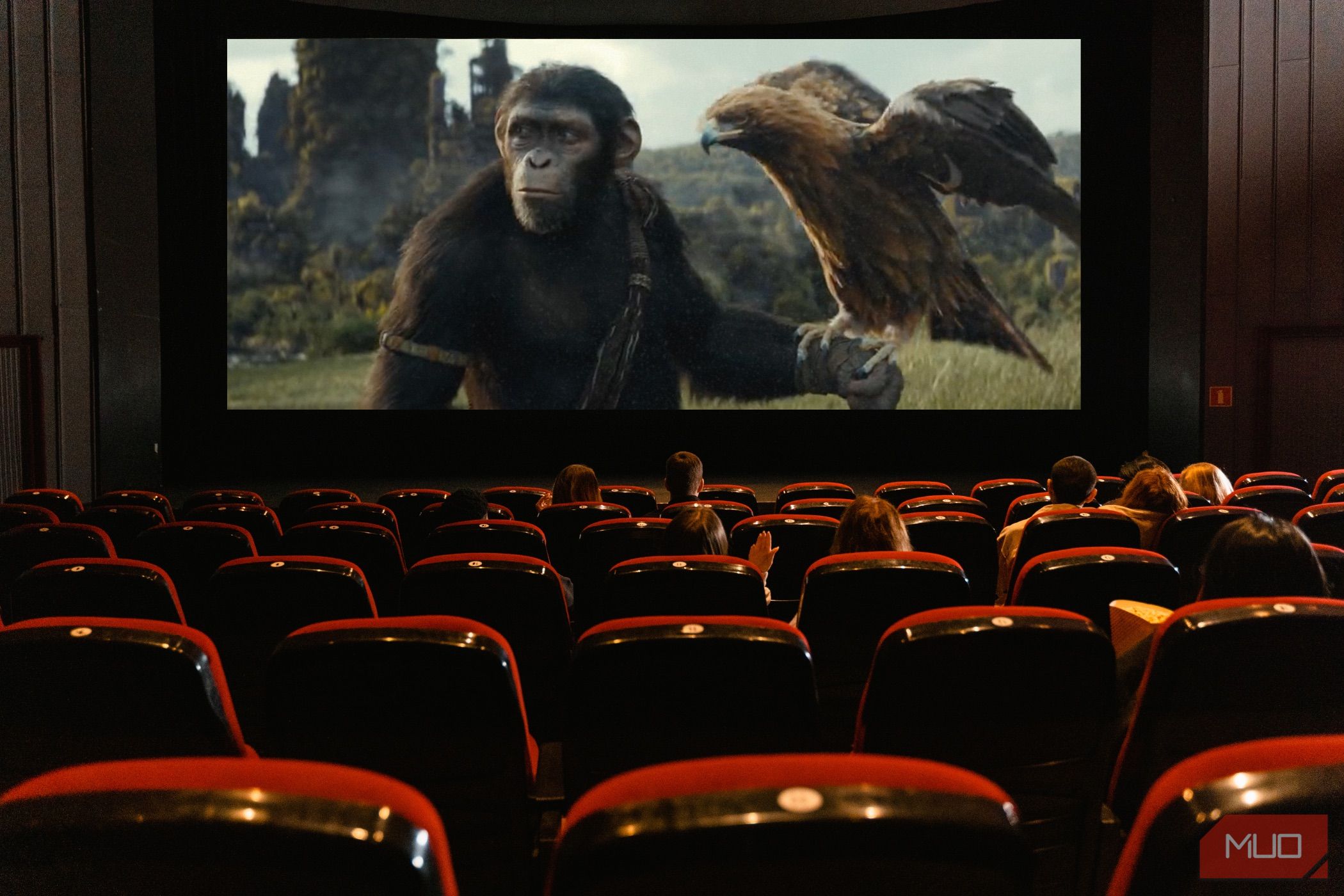 Kingdom of the Planet of the Apes on a movie screen.