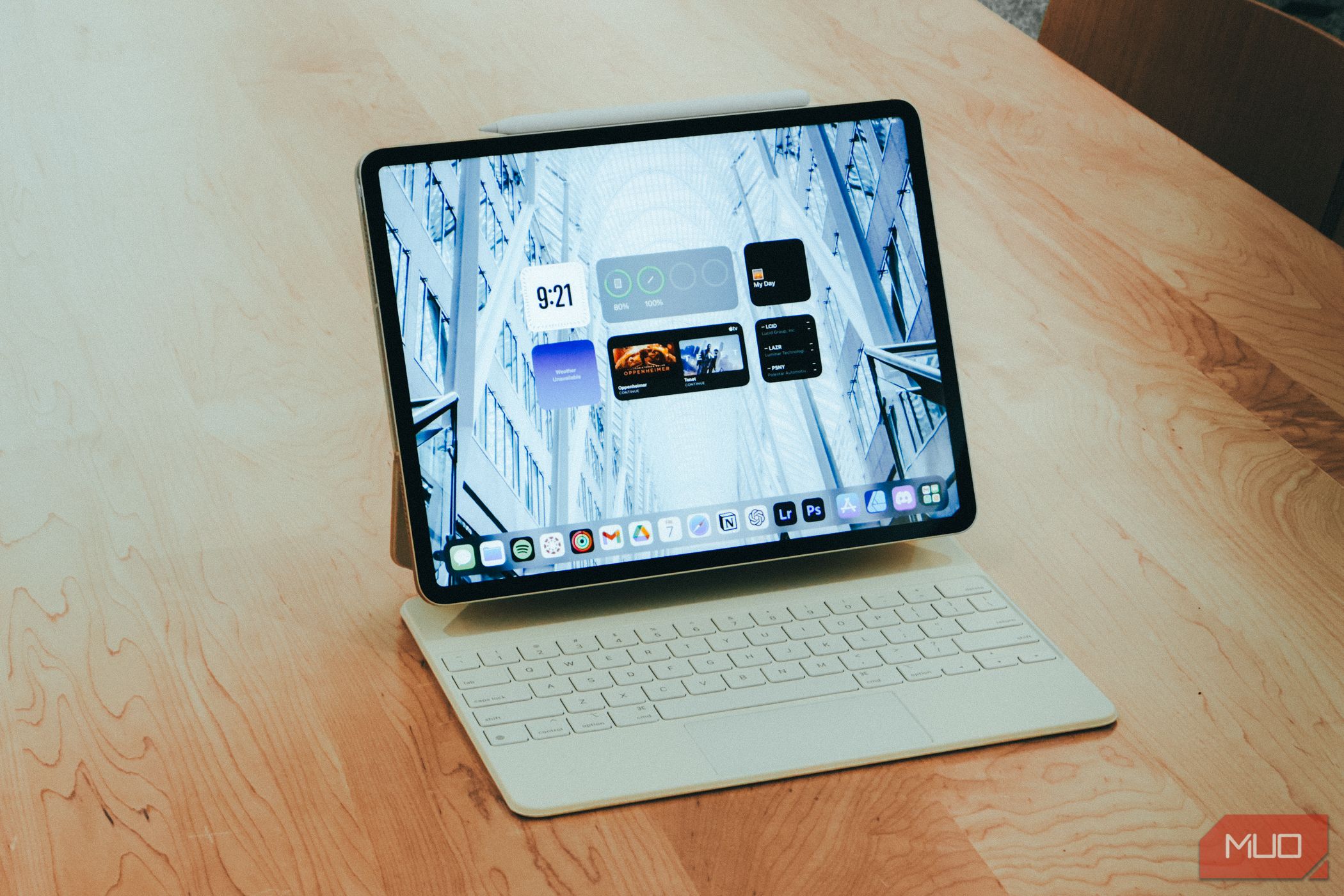 Apple iPad Air M2 sitting on a desk connected to the Magic Keyboard