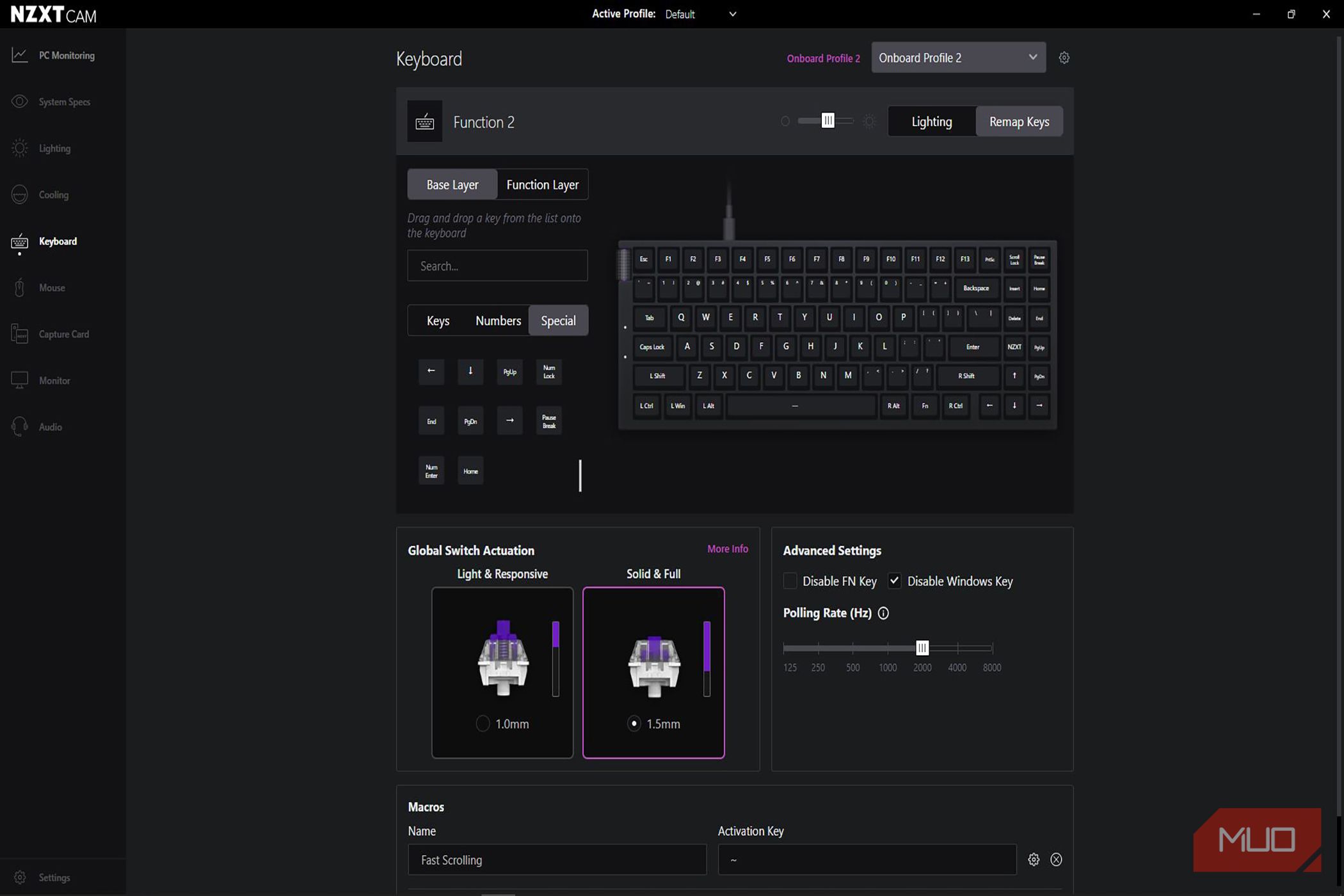 Exemplo de opções de personalização de chave de câmera NZXT