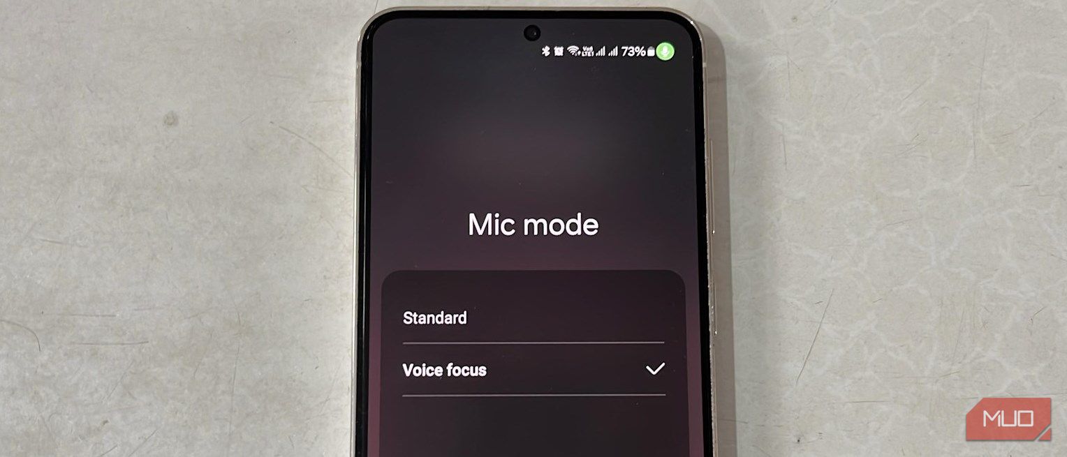 A Samsung phone on a table with the Voice Focus feature