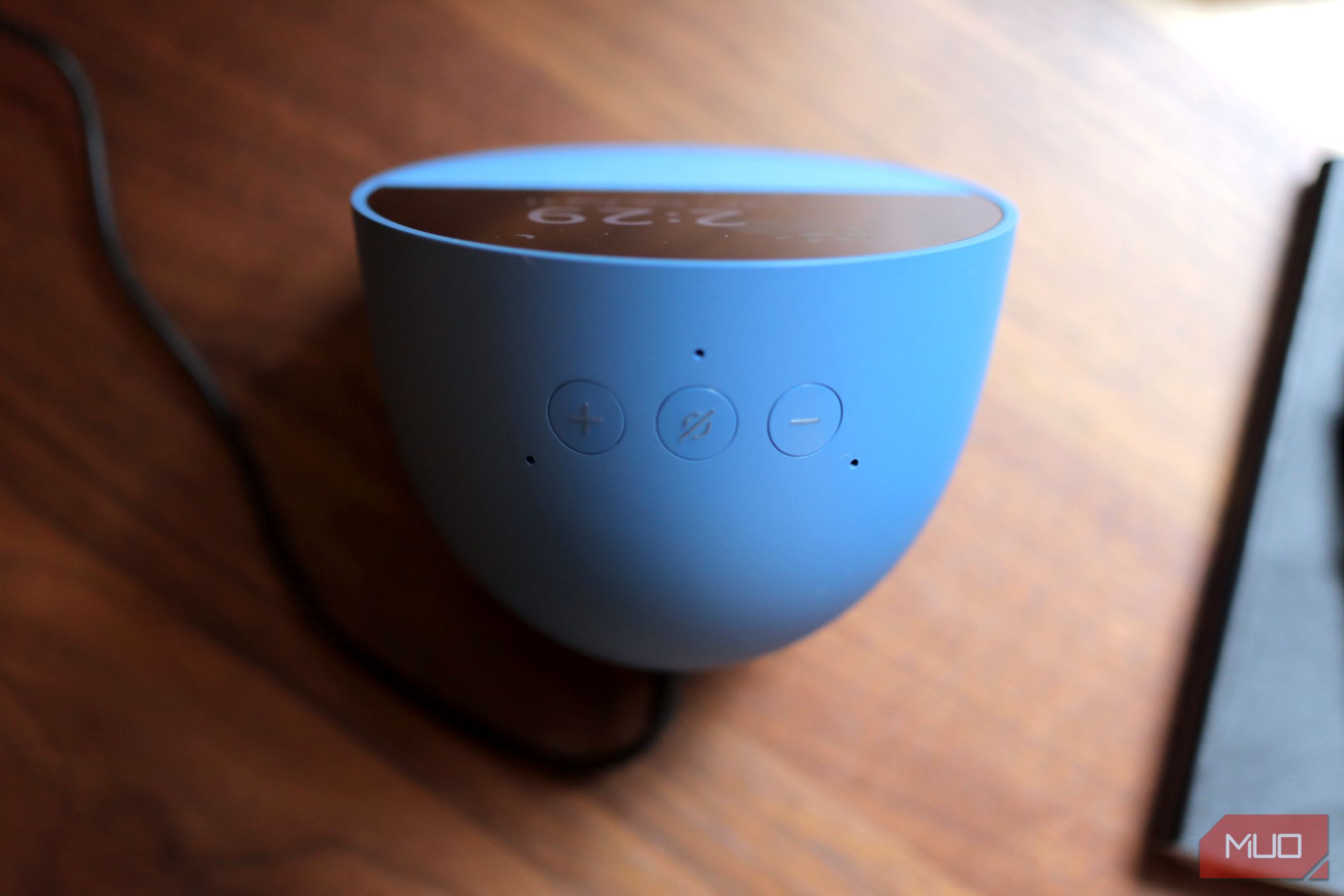 Echo Spot Overhead on Brown Nightstand