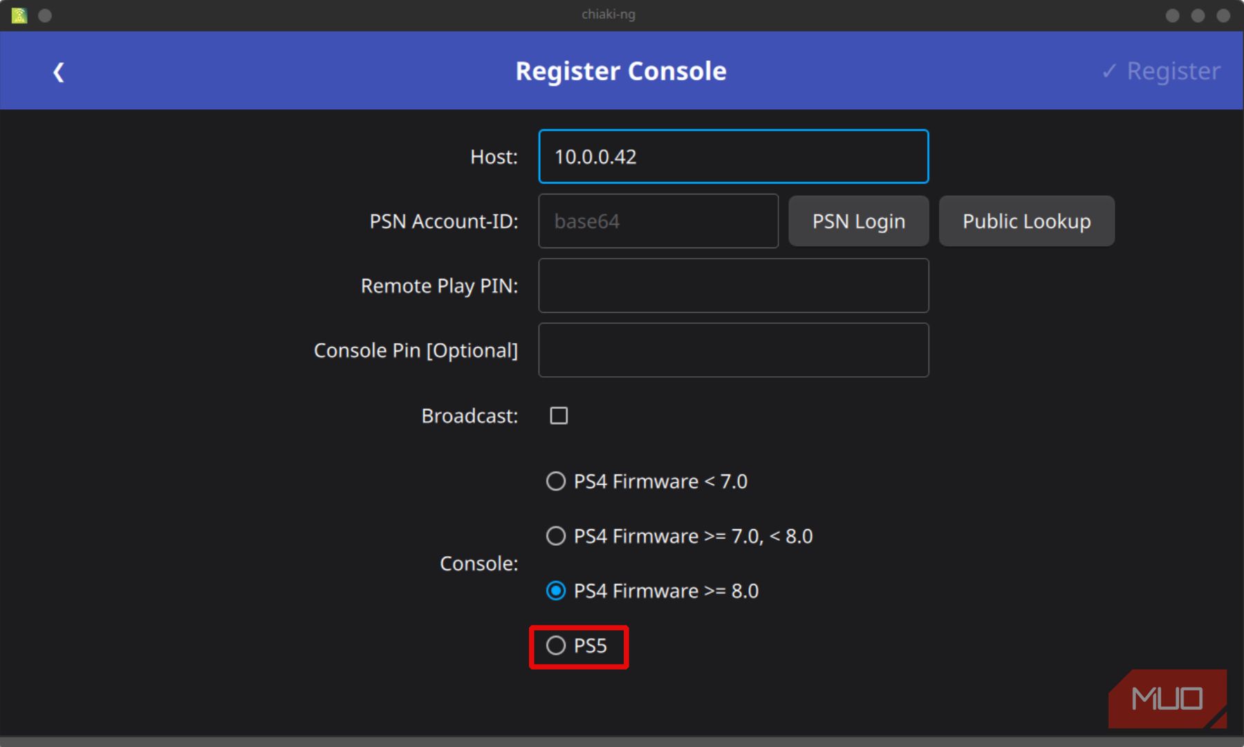 ثبت صفحه کنسول با هاست، حساب PSN، پین پخش از راه دور و جعبه های ورودی پین کنسول