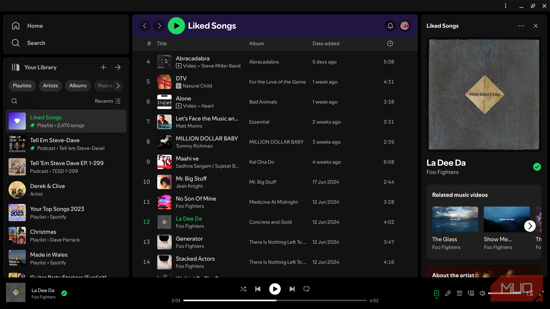 The Spotify Web Player on a Chromebook showing a list of Liked Songs