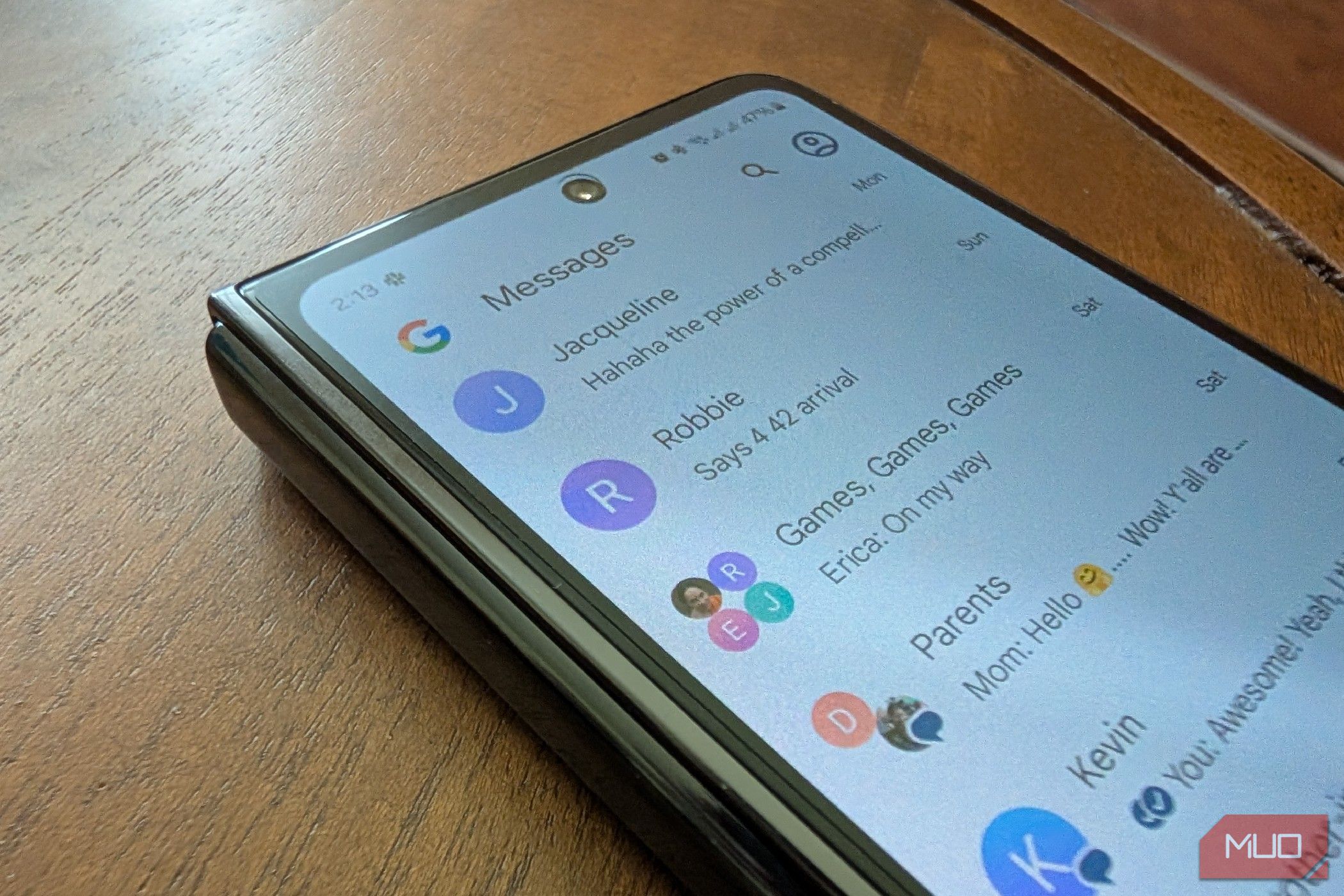 Conversations in Google Messages on a Galaxy Z Fold 5.