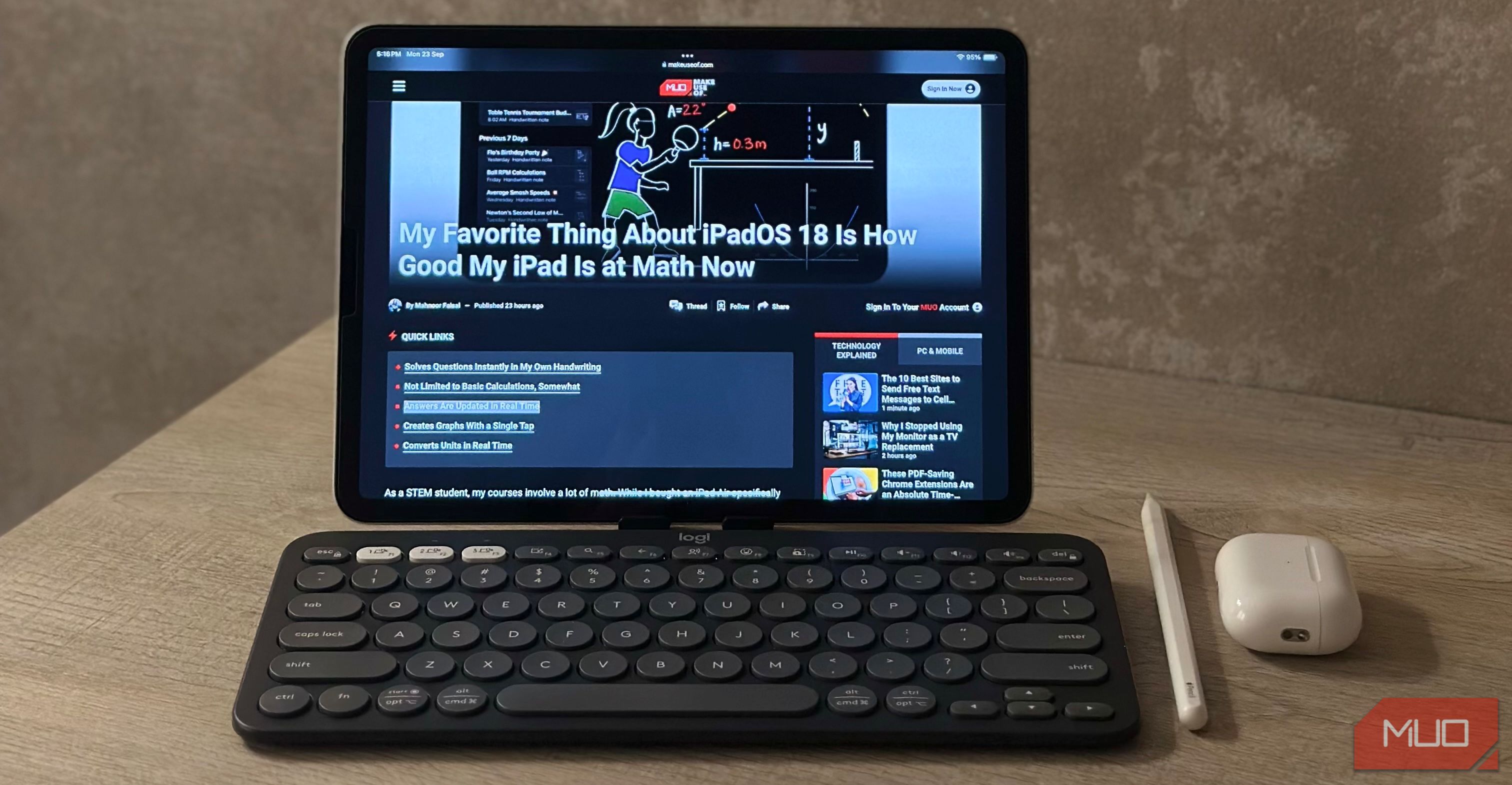 iPad alongside an Apple Pencil, Logitech Pebble 2 keyboard, and AirPods arranged on a table-1