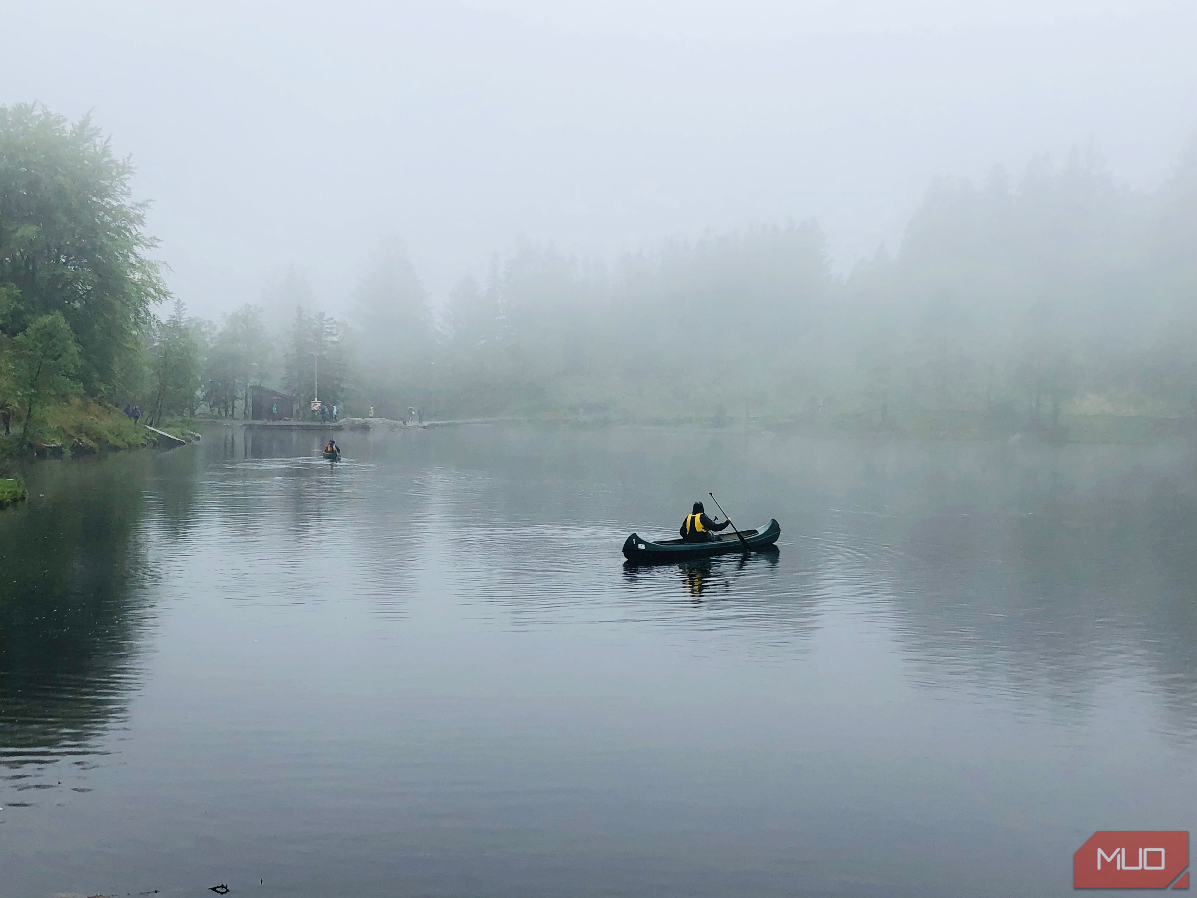 A scene of a lake with lots of mist