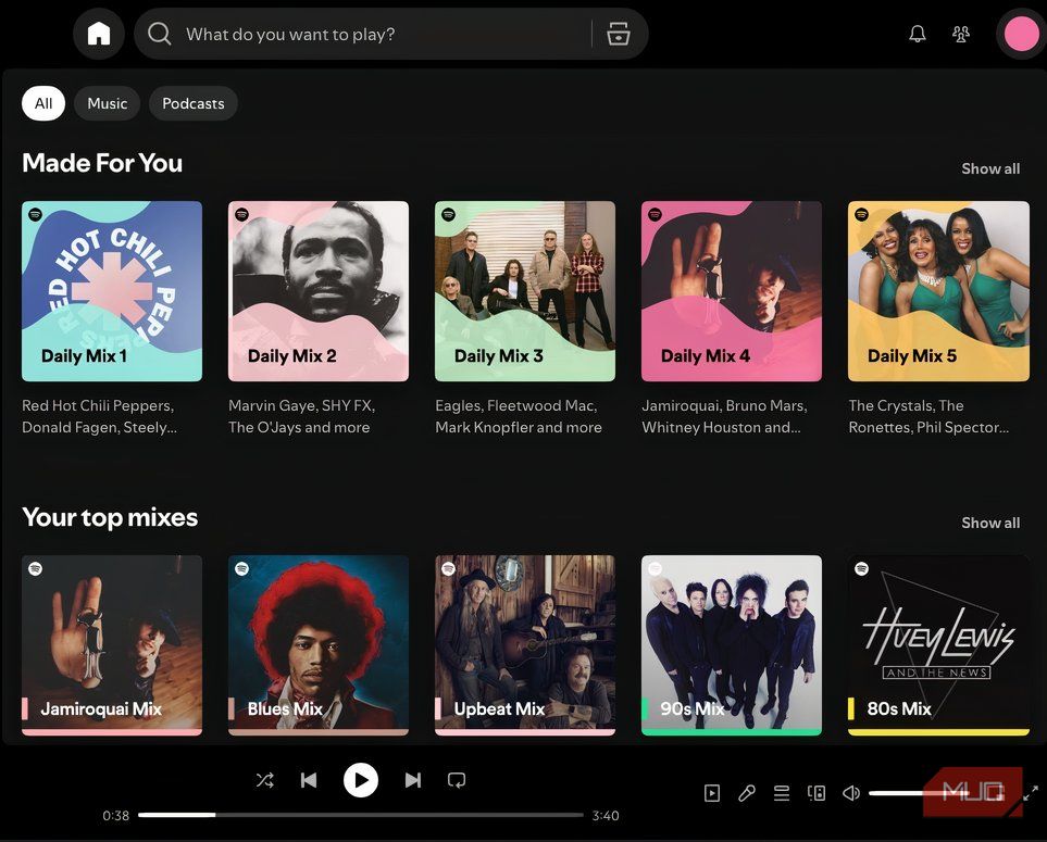 Spotify user interface with recommendations.