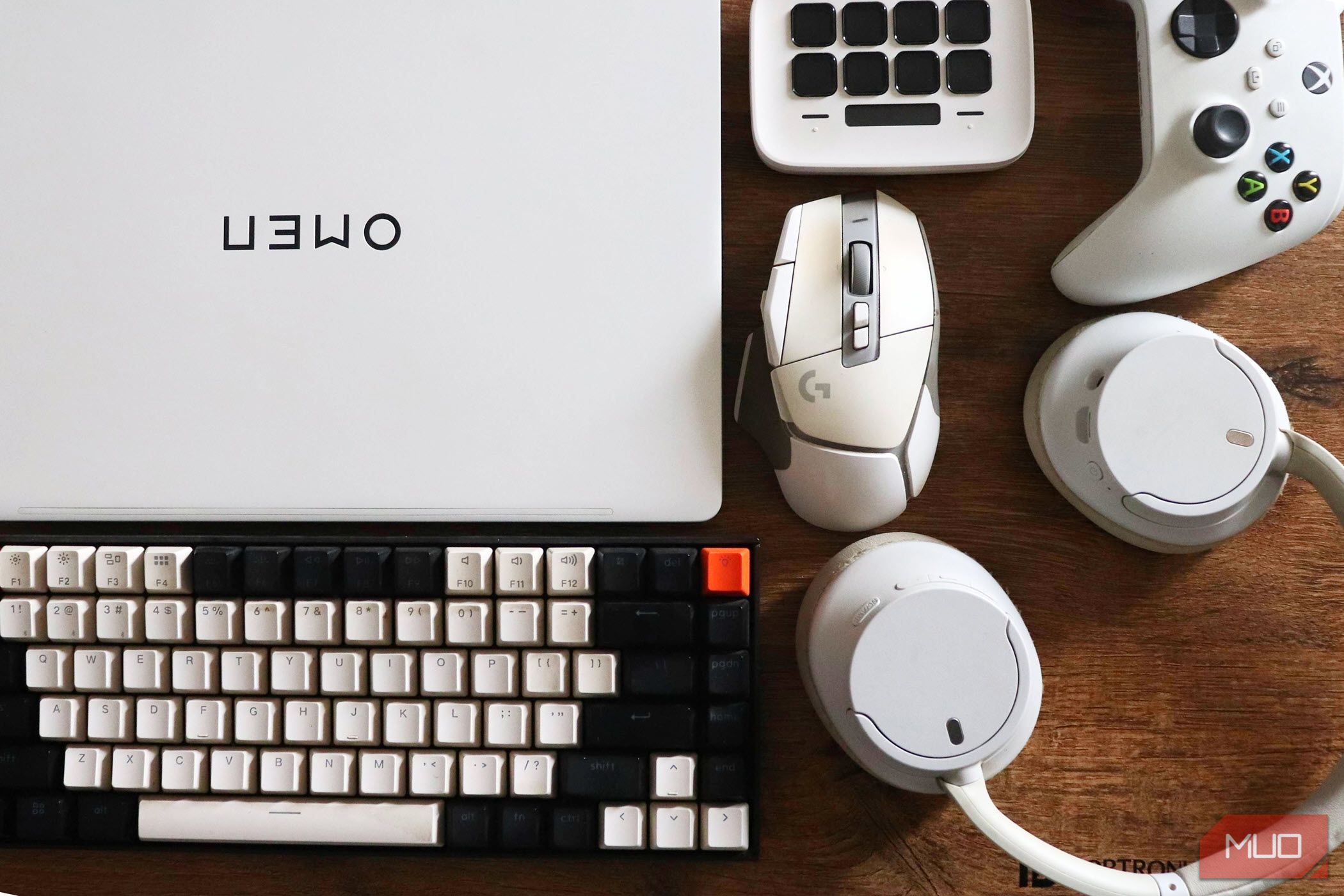 White PC hardware laid out on a table